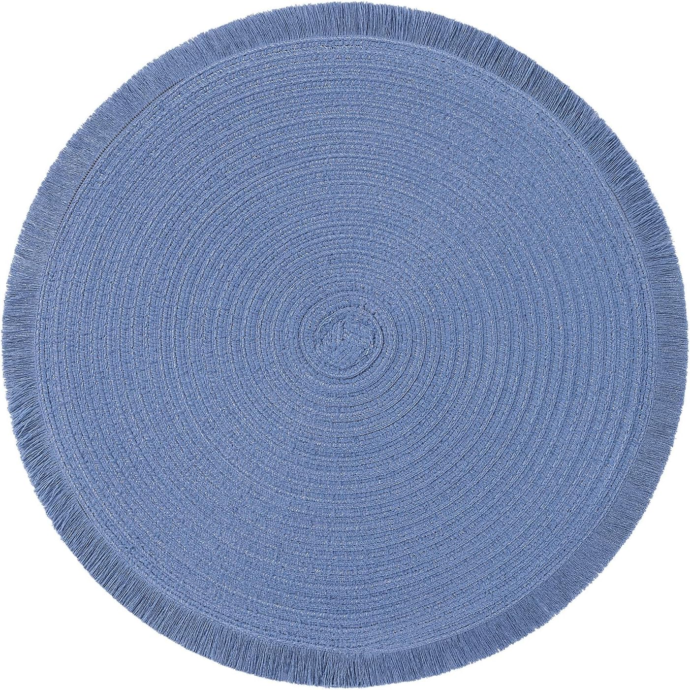 SHACOS Round Braided Placemats Set of 6 Washable 15 Inch Boho Round Placemats Kitchen Table Place Mats Round Table Mats with Fringe for Festival Holidays Dinner(Light Blue, 6)