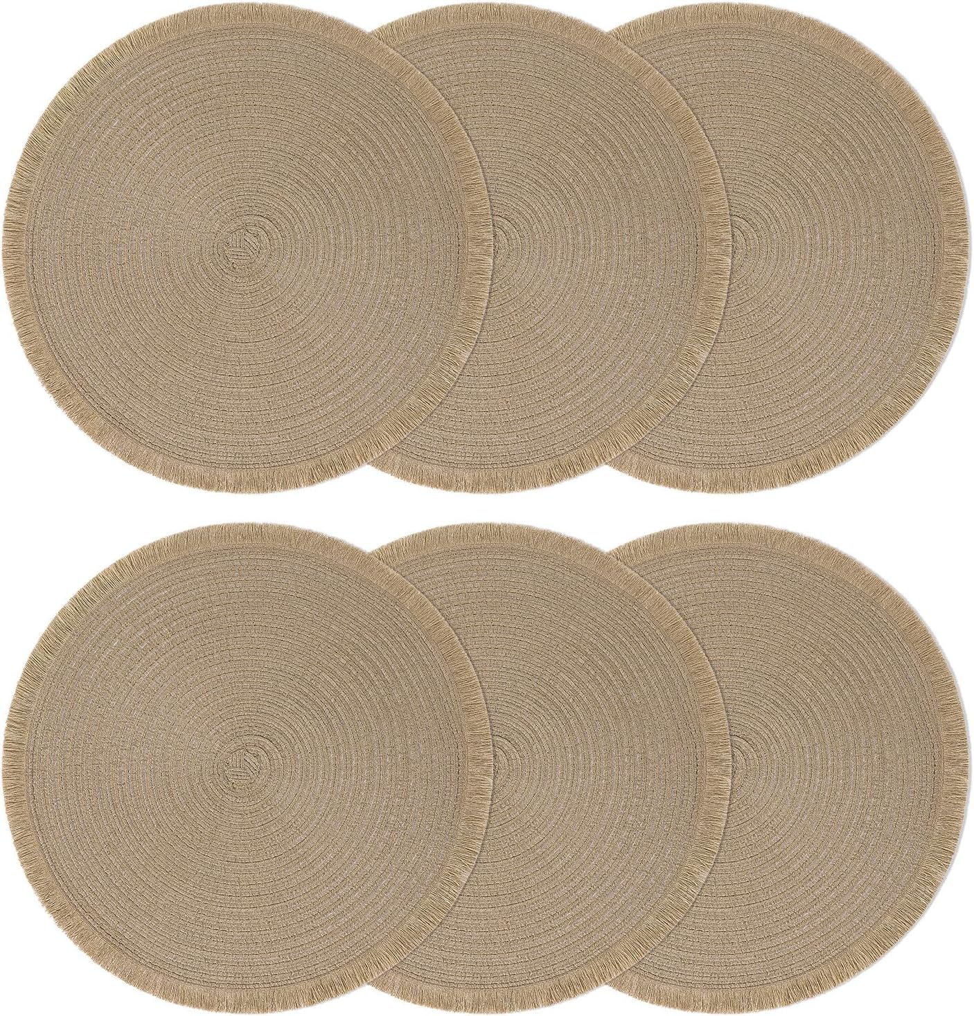 SHACOS Round Braided Placemats 15 Inch Set of 6 Boho Woven Washable Kitchen Table Mats Non Slip Place Mats with Tassels for Home Wedding Party (Light Brown, 6)