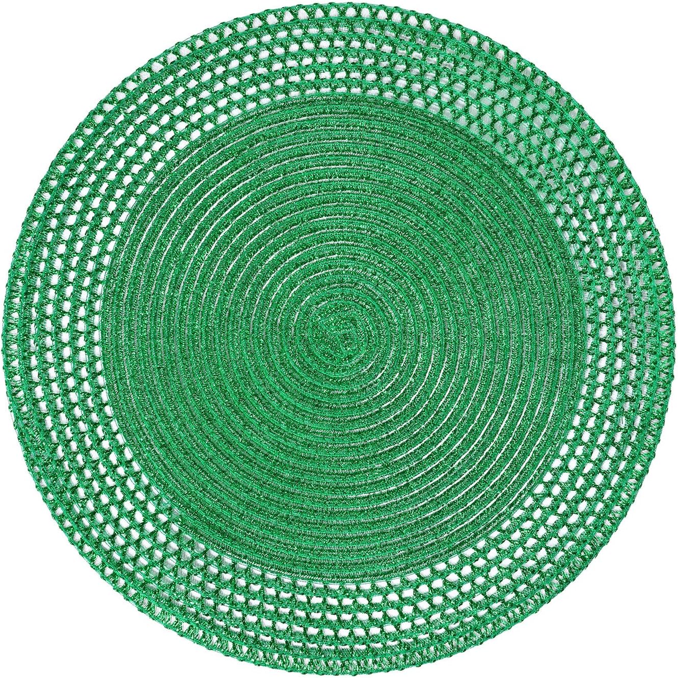 SHACOS Round Placemats Set of 6 Glitter Mesh Hollow Border 15 inch Circle Christmas Place Mats Wipeable Decorative Table Mats for Home Wedding Party, Green