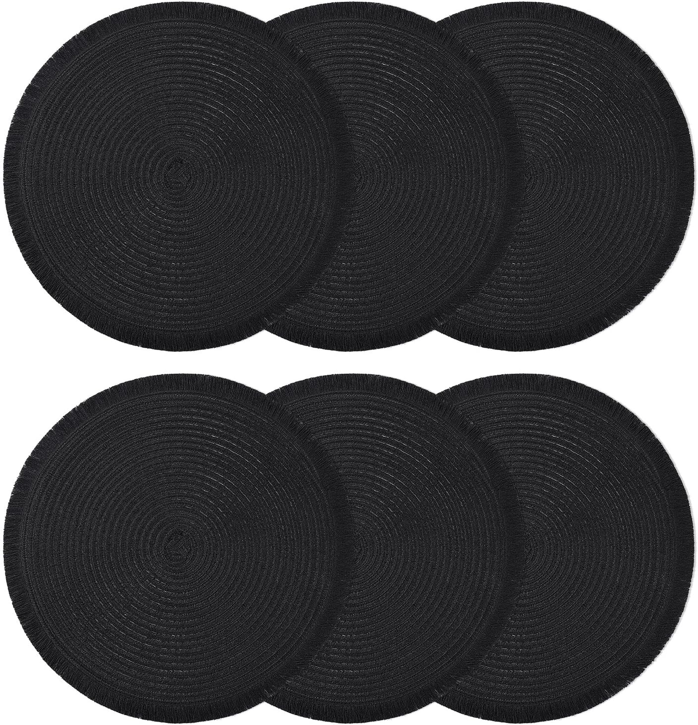 SHACOS 15inch Round Braided Placemats Set of 6, Washable Round Woven Tassel Placemats Decorative Place Mats with Fringe for Dining Table Kitchen Dinner Party (Black, 6)