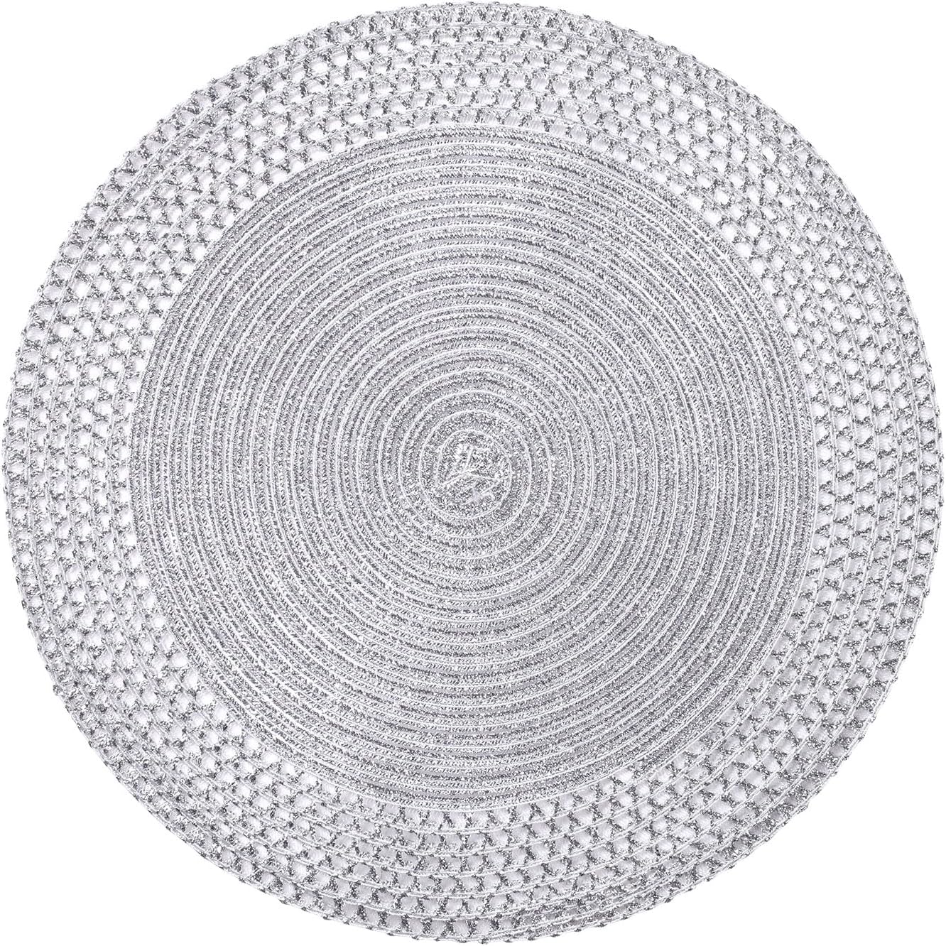 SHACOS Round Placemats Set of 6 Glitter Mesh Hollow Border 15 inch Circle Place Mats Wipeable Table Placemats for Home Christmas Holiday Wedding Party, Silver