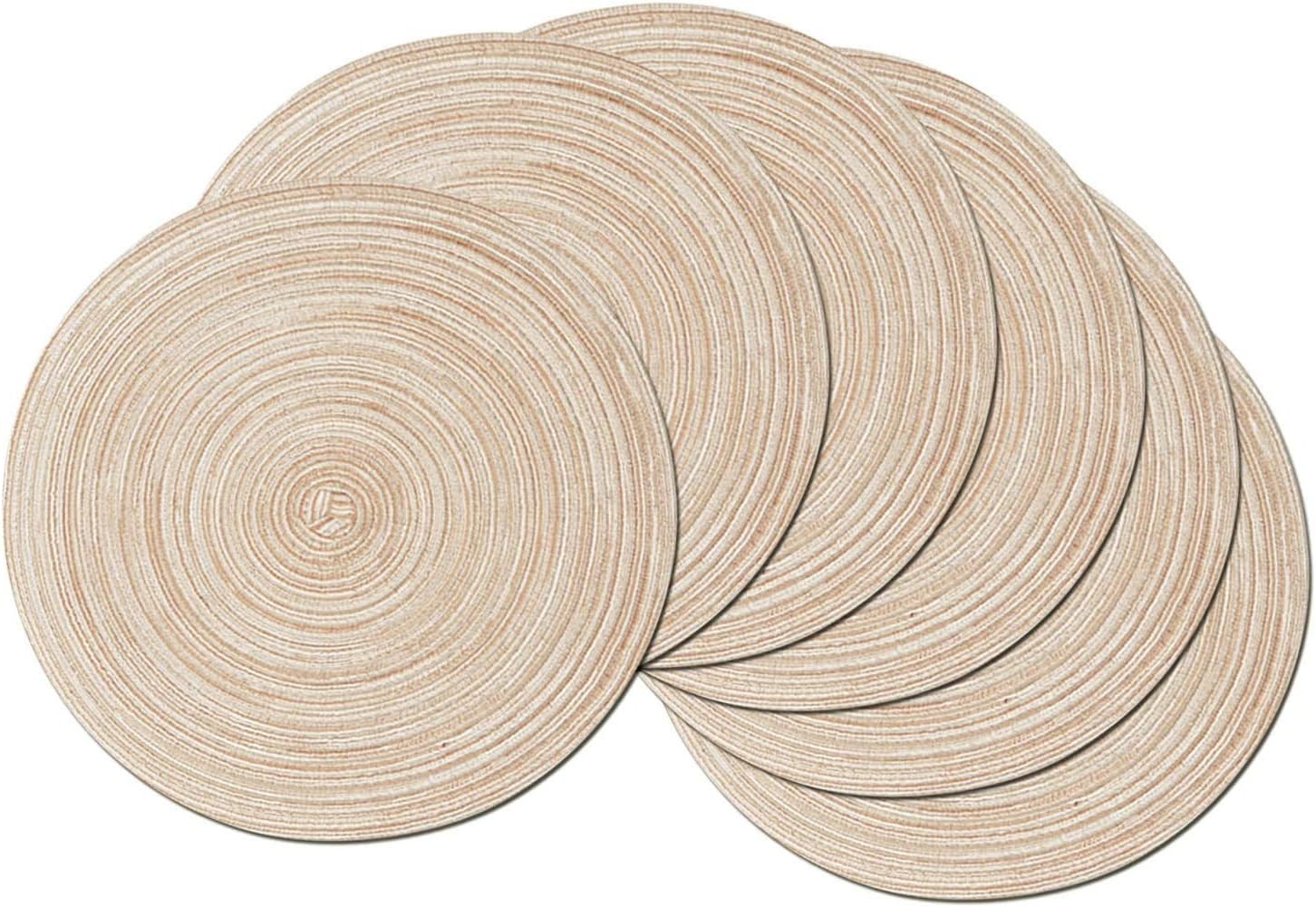 SHACOS Round Braided Placemats Set of 6 Washable Round Placemats for Kitchen Dining Table 15 inch Round Indoor Woven Fabric Table Mats (Beige, 6)