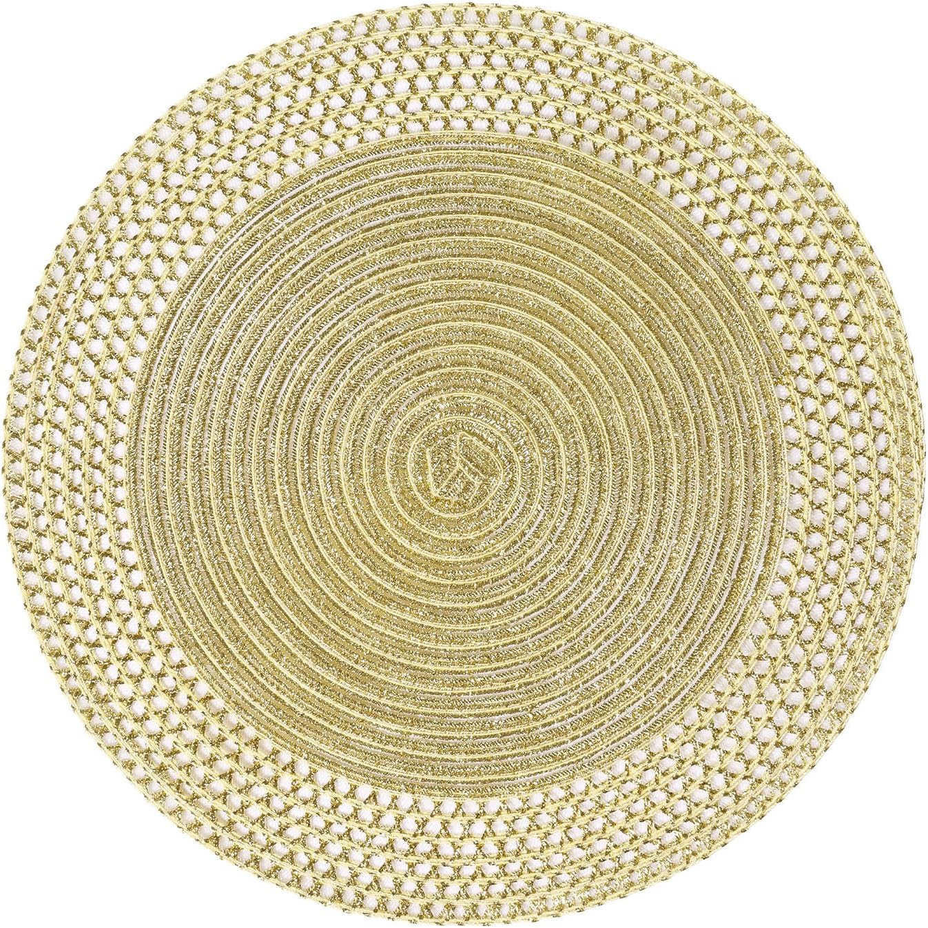 SHACOS Round Placemats Set of 6 Glitter Mesh Hollow Border 15 inch Circle Place Mats Christmas Wipeable Decorative Table Placemats for Home Wedding Party, Gold