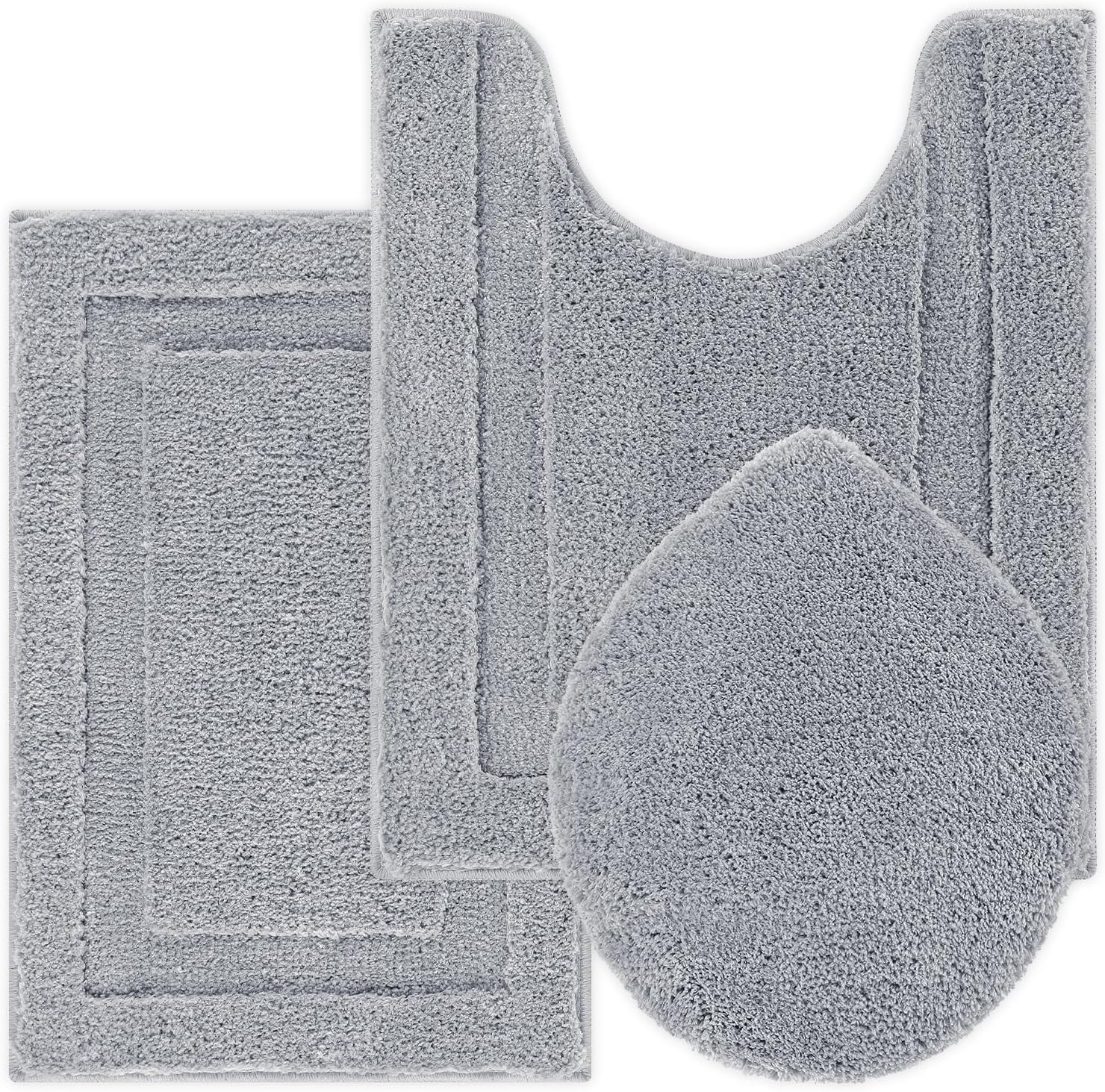 SHACOS Bathroom Toilet Rugs Set of 3 Pieces Bath Mats Toilet Lid Cover U Shape Contour Mat Toilet Rug Set Fluffy Plush Non Slip Bathroom Carpet Washable for Bathroom Floor(Light Grey)