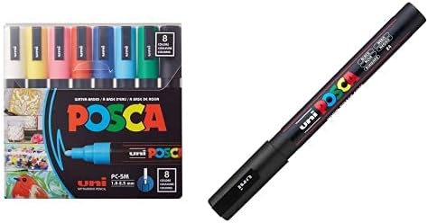 POSCA 8-Color Paint Marker Set, PC-5M Medium & Posca Acrylic Paint Marker, Fine, Black