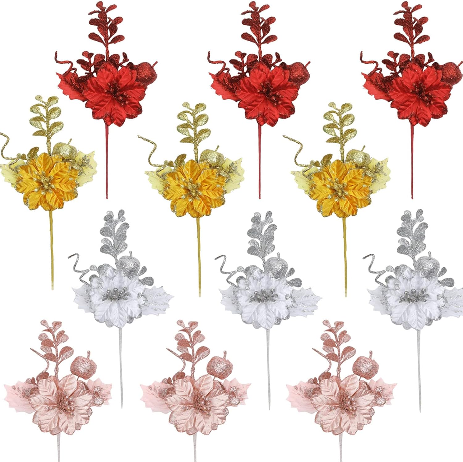 SHACOS 12Pcs Christmas Glitter Floral Picks with Artificial Flowers, Leaves and Apples, Christmas Tree Decoration, Holiday Picks for DIY Christmas Craft, Gold, Silver, Red, Rose Gold