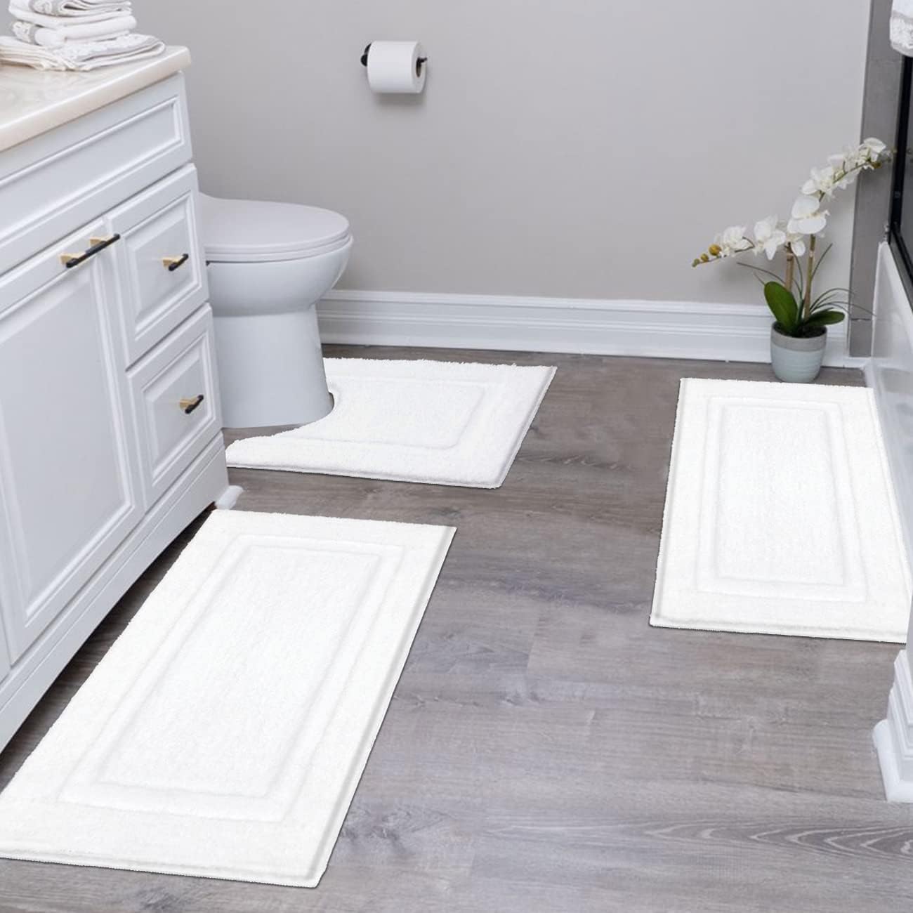 SHACOS Bathroom Rugs Set of 3 Ultra Soft Bath Mat with U Shaped Toilet Rug Absorbent Non Slip Microfiber Bath Rugs for Bathroom Kitchen Bedroom, White