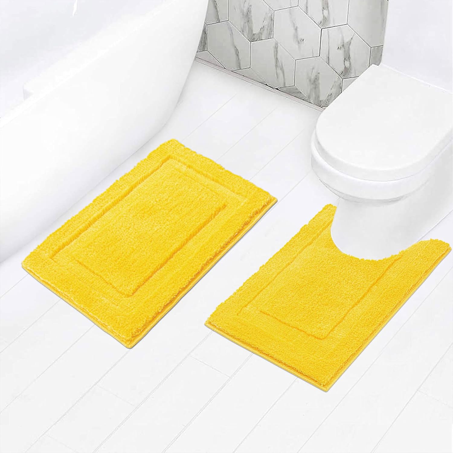 SHACOS Bathroom Toilet Rugs Set of 2 Pieces Small Bath Rugs with U Shape Toilet Rugs Set 16x24   20x24 inch Soft Absorbent Bath Mats Non Slip Plush Shower Rug Machine Washable, Yellow