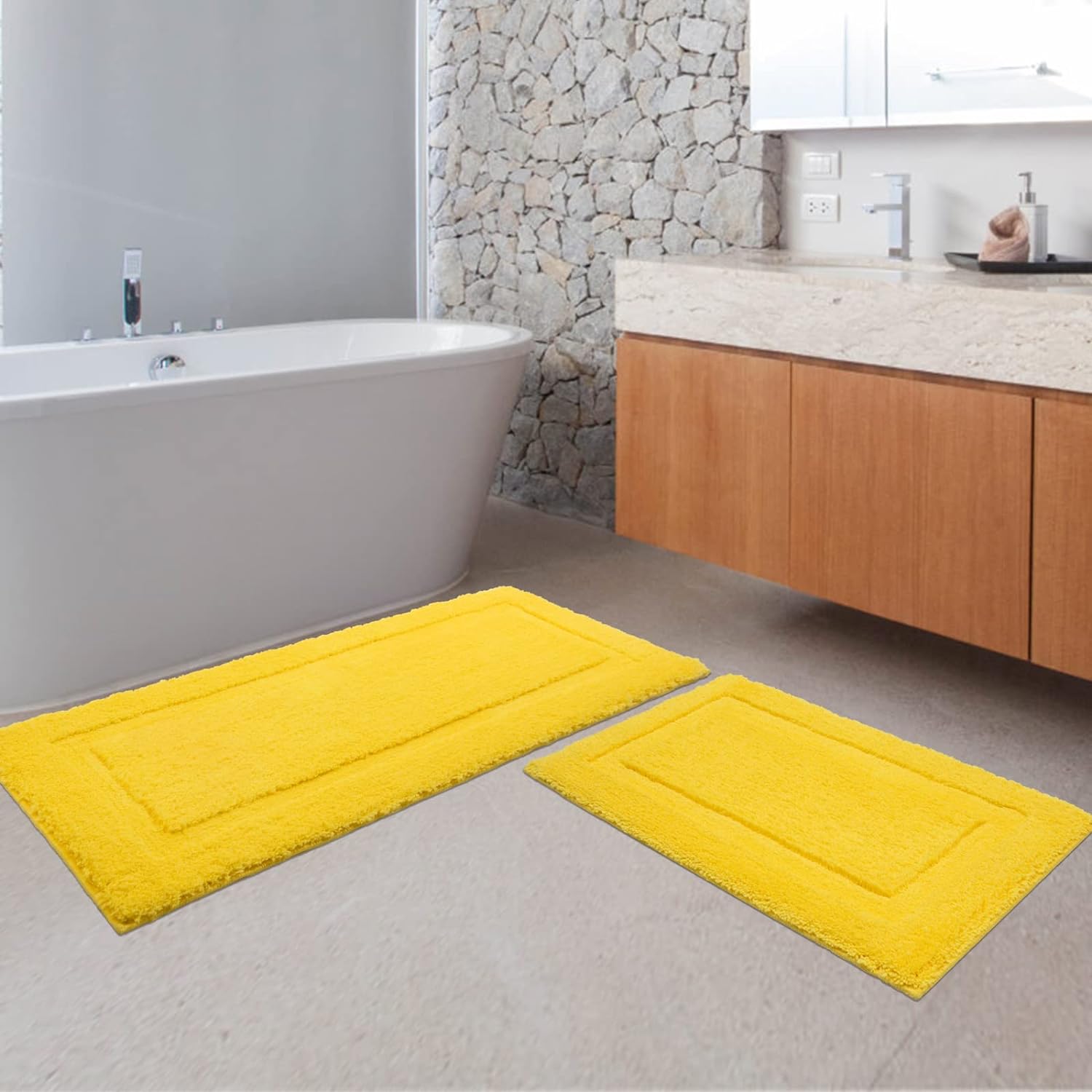 SHACOS Super Soft Bathroom Runner Rug Set of 2 Non Slip Washable 20x32 20x47 inch Fluffy Plush Microfiber Long Bath Rugs Sets Bath Mat Bathroom Carpet, Yellow