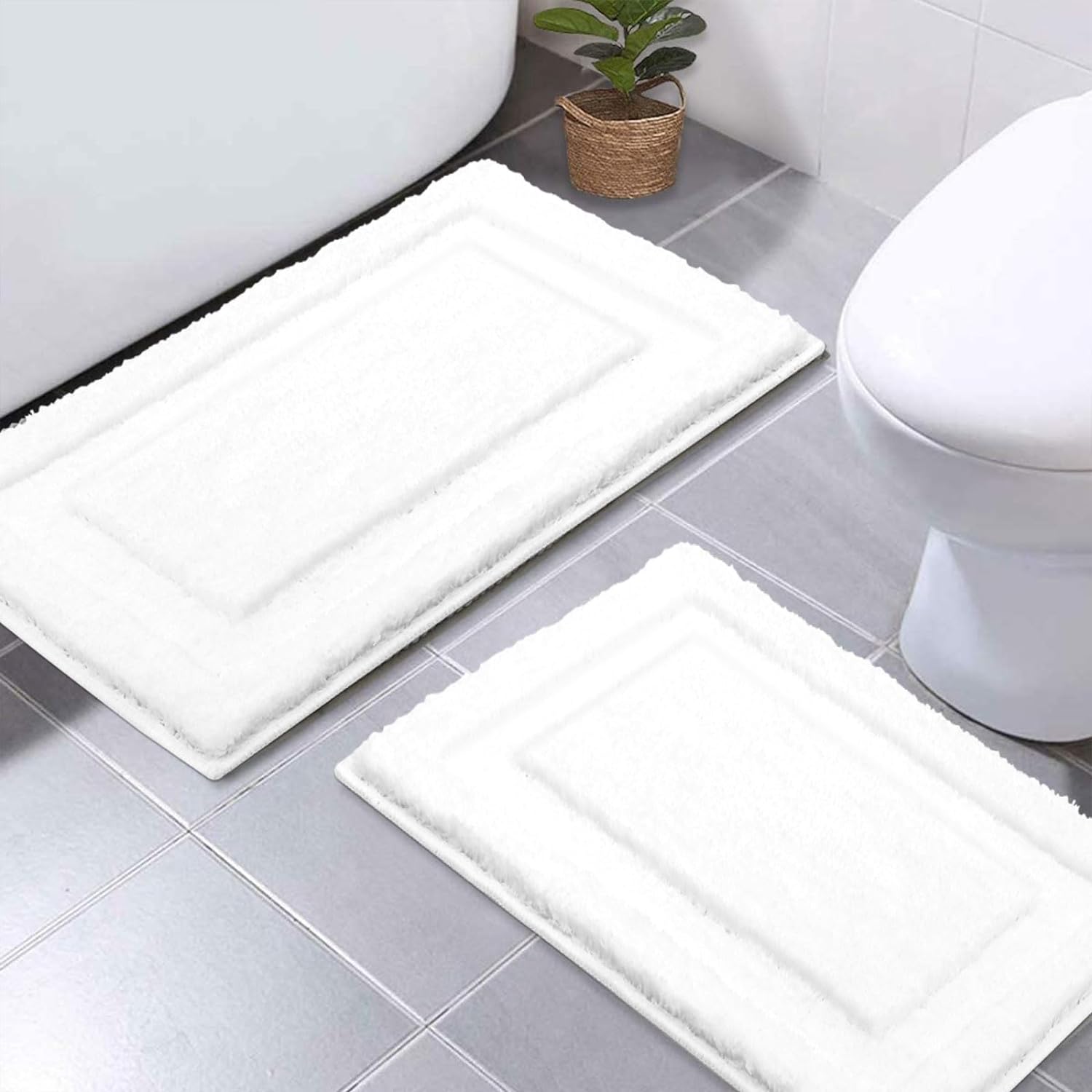 SHACOS Super Soft Bathroom Rugs Set of 2 Pieces 20x32   16x24 inch Non Slip Bath Rugs Microfiber Washable Absorbent Bath Mats Plush Bathroom Carpet, White