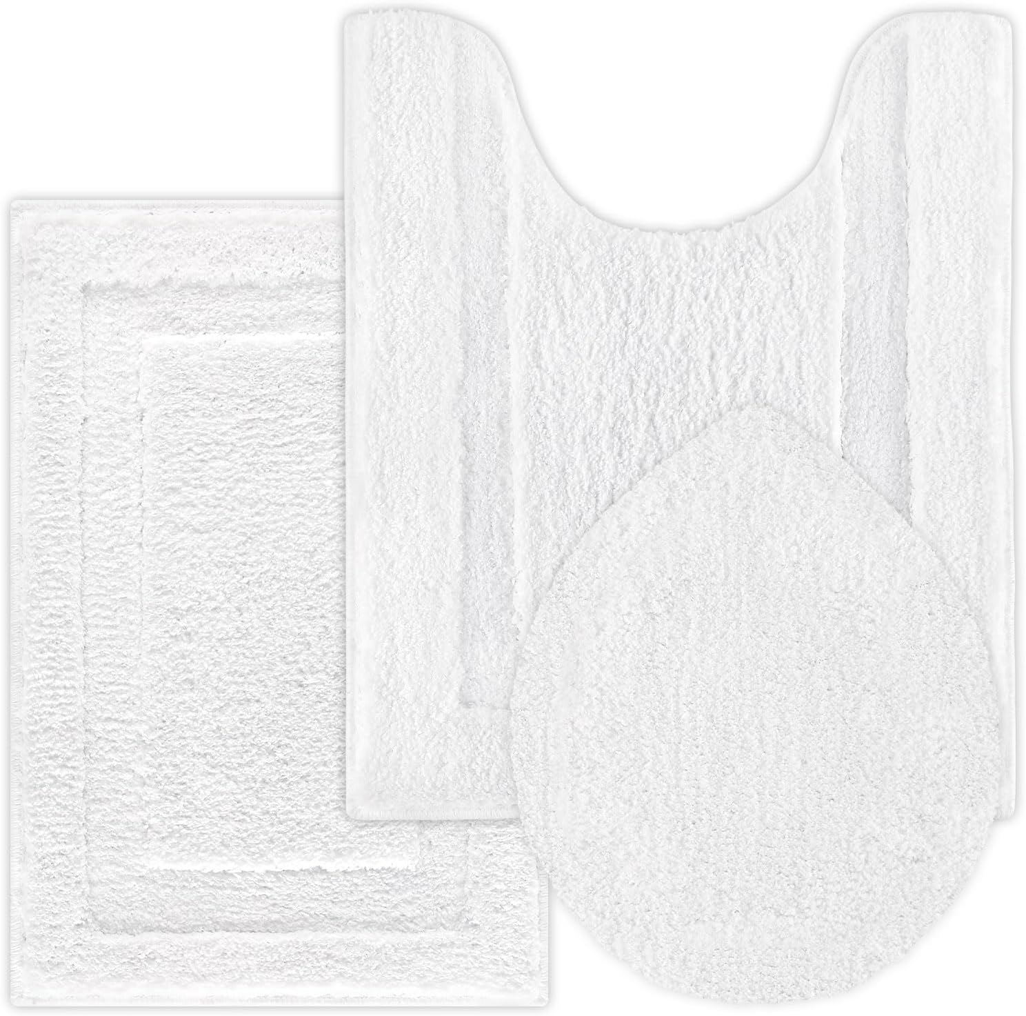 SHACOS Plush Bathroom Rugs Sets 3 Piece with Toilet Lid Cover Super Soft U Shaped Contour Bath Rugs for Toilet Set Washable Absorbent Microfiber Bath Mats Non Slip for Bathroom(White)