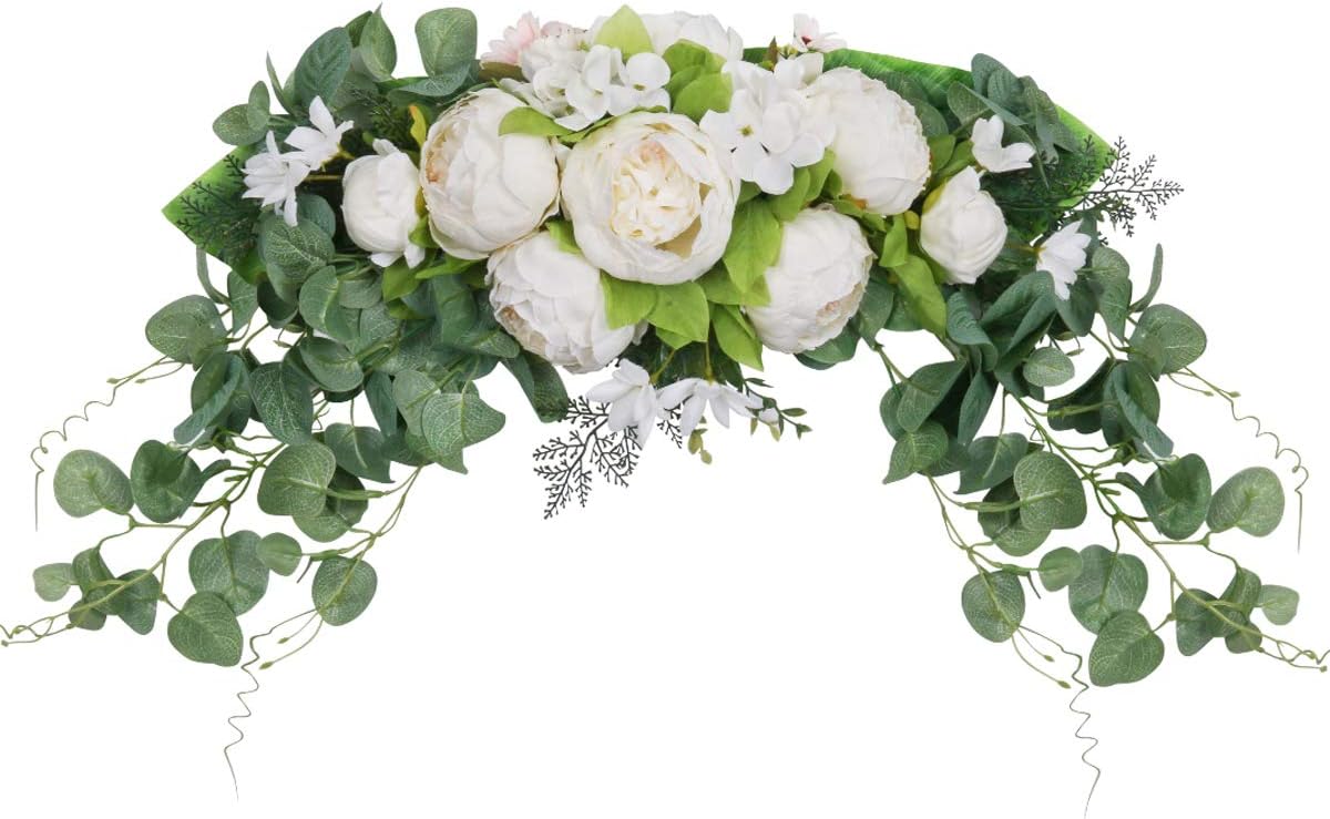 SHACOS Wedding Arch Flowers 29 inch Artificial Flower Swag for Wedding Signs Ceremony White Peony Decorative Swags Floral Swags with Eucalyptus Leaves for Wall Door Fireplace