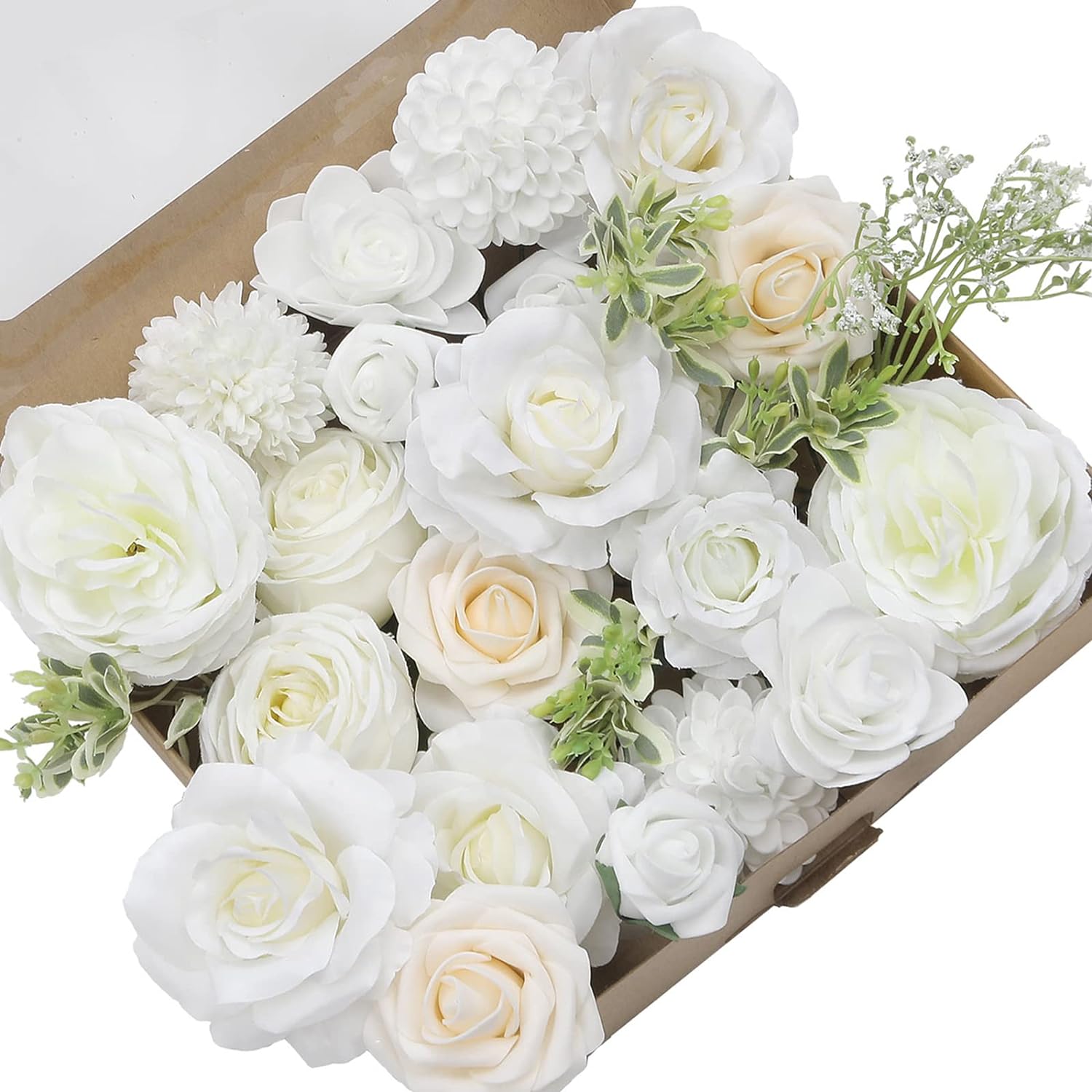 SHACOS White Artificial Flowers Combo for DIY Wedding Bouquets Centerpieces Faux Flowers Set Artificial Rose for Handmade Floral Arrangements Bridal Baby Shower Home Decor White