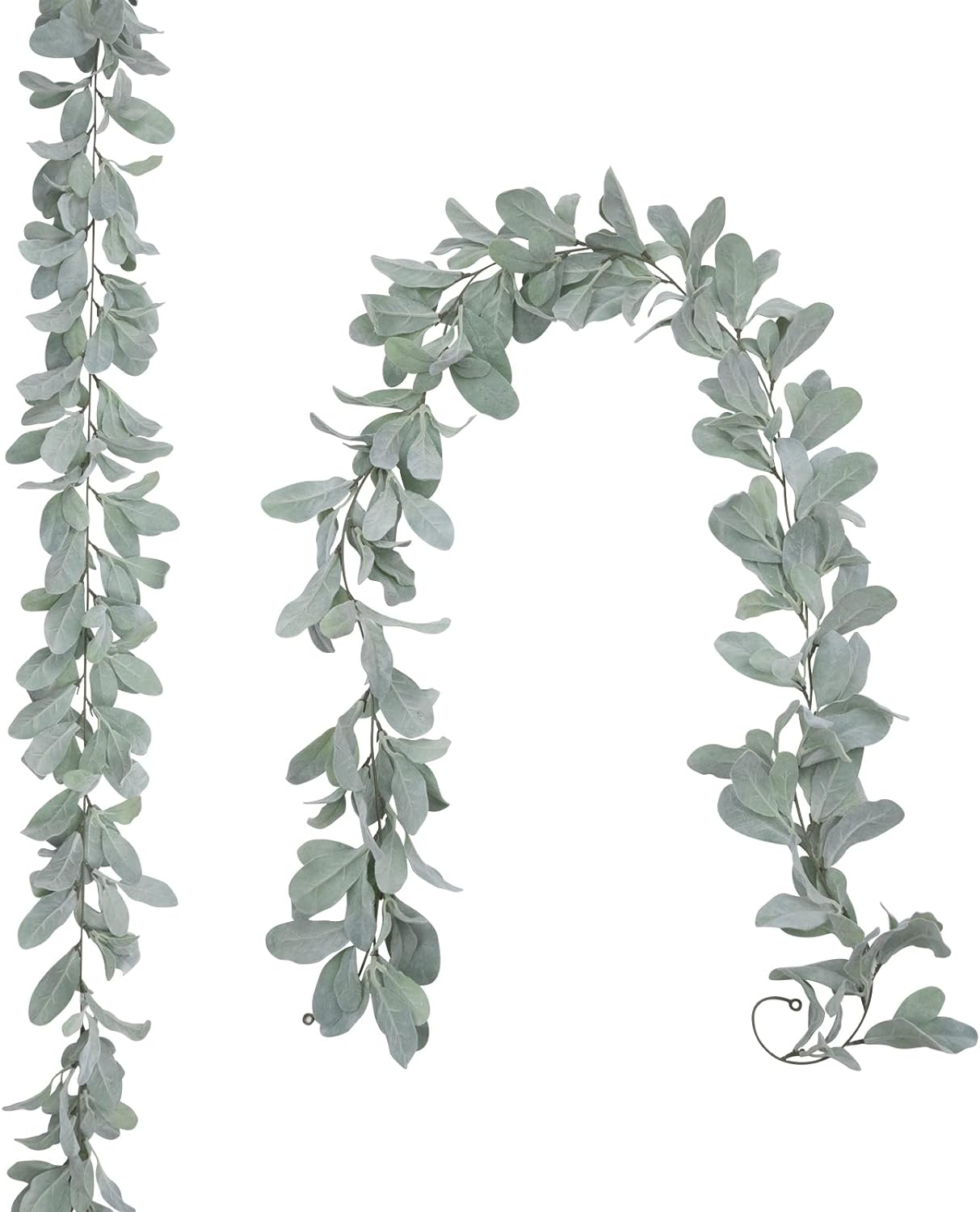 SHACOS 2 Pack 12 Ft Artificial Flocked Lambs Ear Garland Greenery Artificial Lambs Ear Vines Green Leaves Garland Faux Lambs Ear Garland for Mantle Wedding Home Party Decor DIY Floral2 Pack, 12 Ft