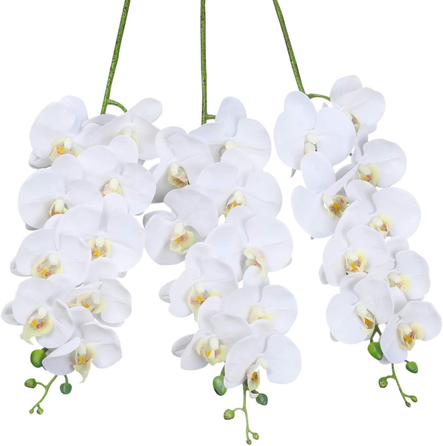 SHACOS Artificial Orchid Stems Set of 3 PU Real Touch White Orchid 37 inch Tall 9 Large Blooms Fake Phalaenopsis Flower Home Wedding Decoration (3 PCS, White)