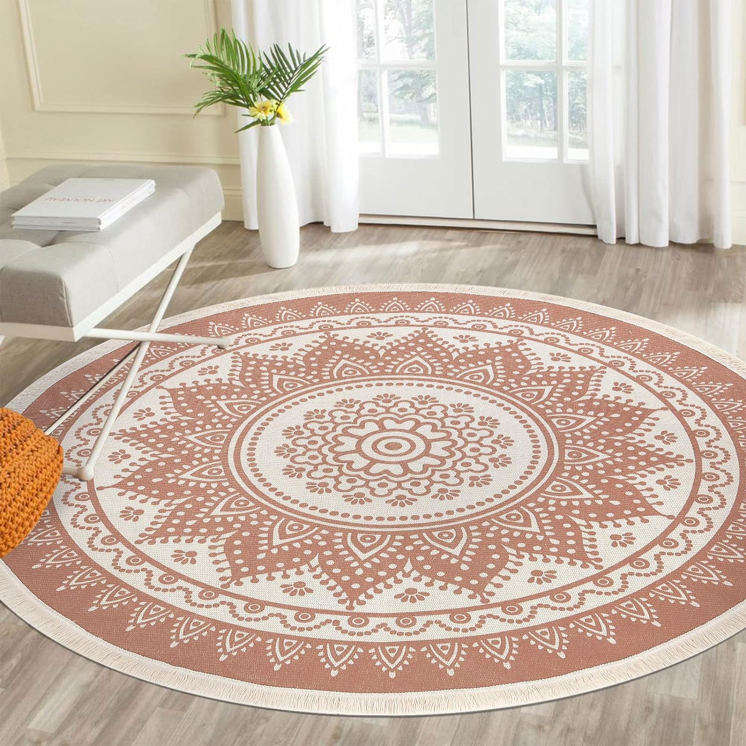 SHACOS 5.2 Ft Round Rug Boho Mandala Woven Cotton Area Rug Carpet Washable Chic Decorative Accent Circle Rug with Tassels for Living Room Bedroom Dining Room (5.2 ft, Peacock Flower)