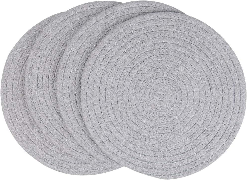 SHACOS 12 inch Round Placemats Set of 4 Farmhouse Cotton Rope Braided Place Mats Heat Resistant Thick Hot Dish Plate Trivet Table Mats (Light Gray, 12 Inch)