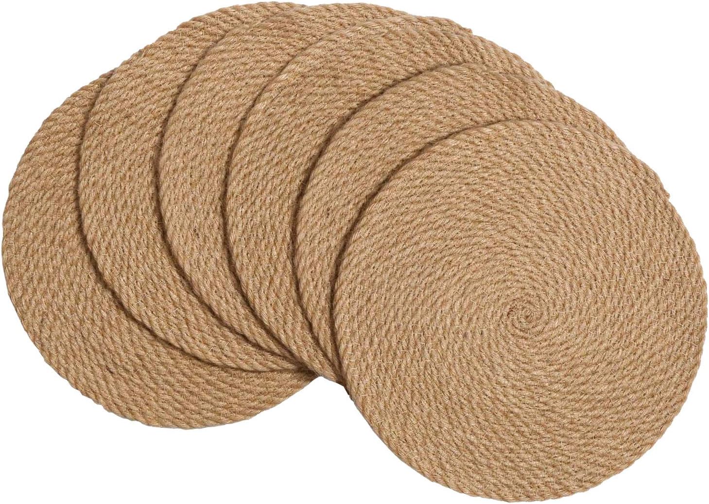 SHACOS Round Jute Placemats Set of 6 Heat Insulation Table Place Mats Trivet 12 inch Handmade Jute Thick Hot Pads for Hot Dishes Bowls Pans Plates Pots (Jute, 12 Inch)