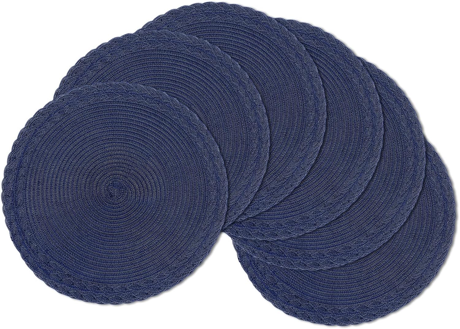 SHACOS Round Placemats Set of 6 Braided Border Fabric Woven Table Mats Washable 15 inch Circle Place Mats for Dining Table, Navy Blue