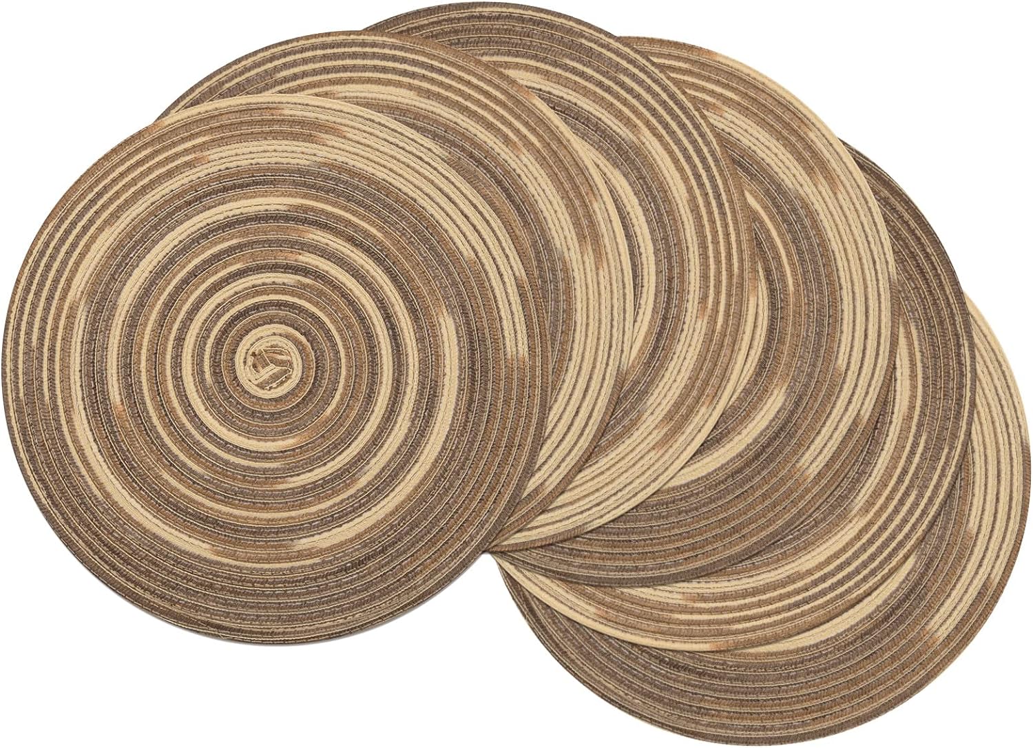 SHACOS Round Placemats Set of 6 Washable 15 inch Variegated Braided Round Place Mats Kitchen Table Mats (Rainbow Brown, 6)