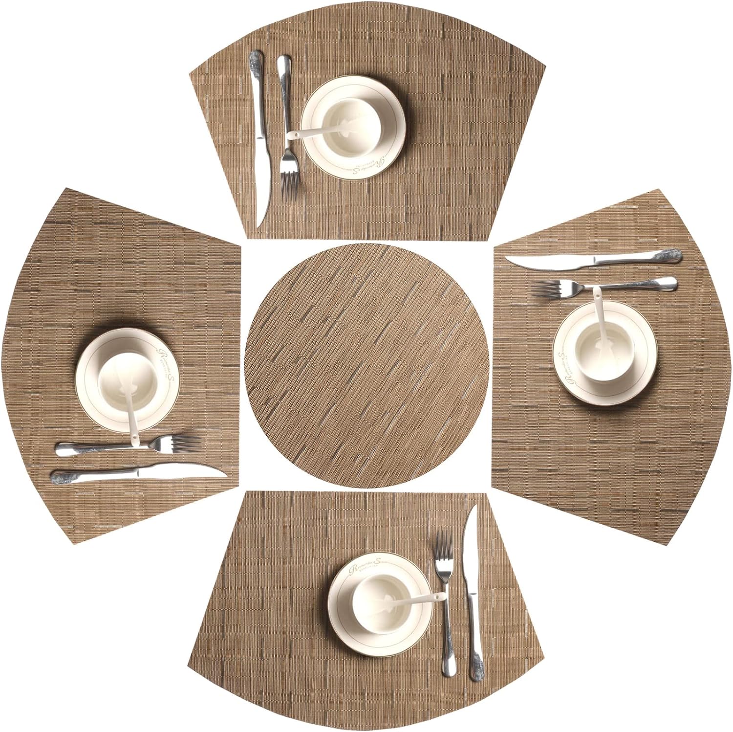 SHACOS Round Table Placemats Set of 5 Woven Vinyl Wedge Placemats with Centerpiece Round Table Mats Heat Resistant Wipe Clean (5, Tan)