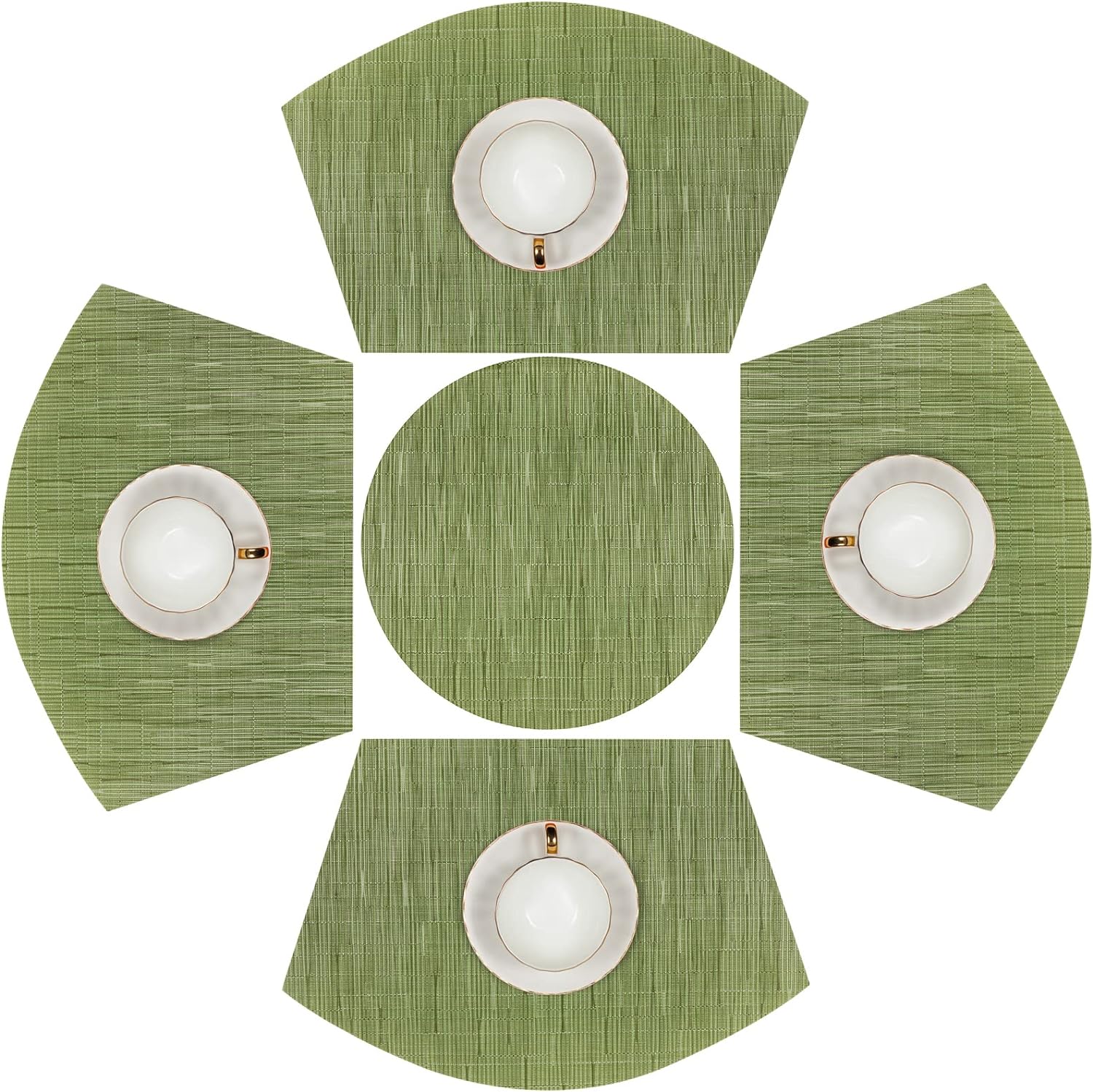 SHACOS Round Table Placemats Set of 5 Woven Vinyl Wedge Placemats with Centerpiece Round Table Mats Heat Resistant Wipe Clean (5, Green)