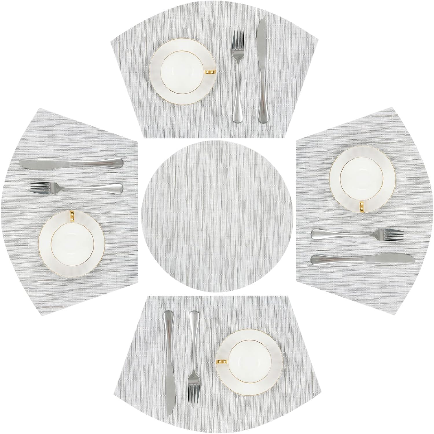 SHACOS Round Table Placemats Set of 5 Wedge Shaped Place Mat with Round Centerpiece Mat Heat Resistant Table Mats Washable (5, Gray White)