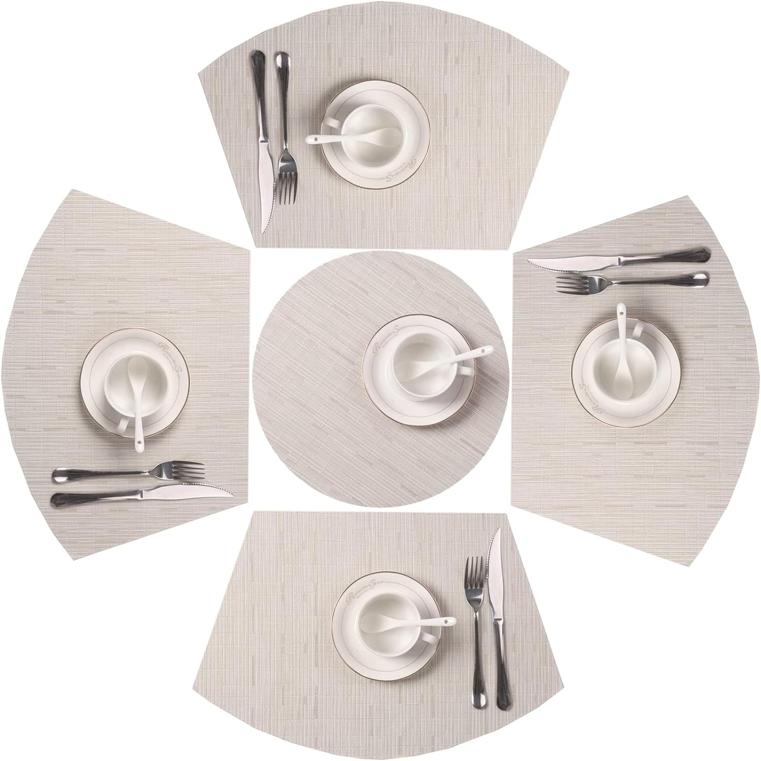 SHACOS Round Table Placemats Set of 5 Wedge Shaped Place Mat with Centerpiece Round Mat Heat Resistant Table Mats Washable (5, Beige)