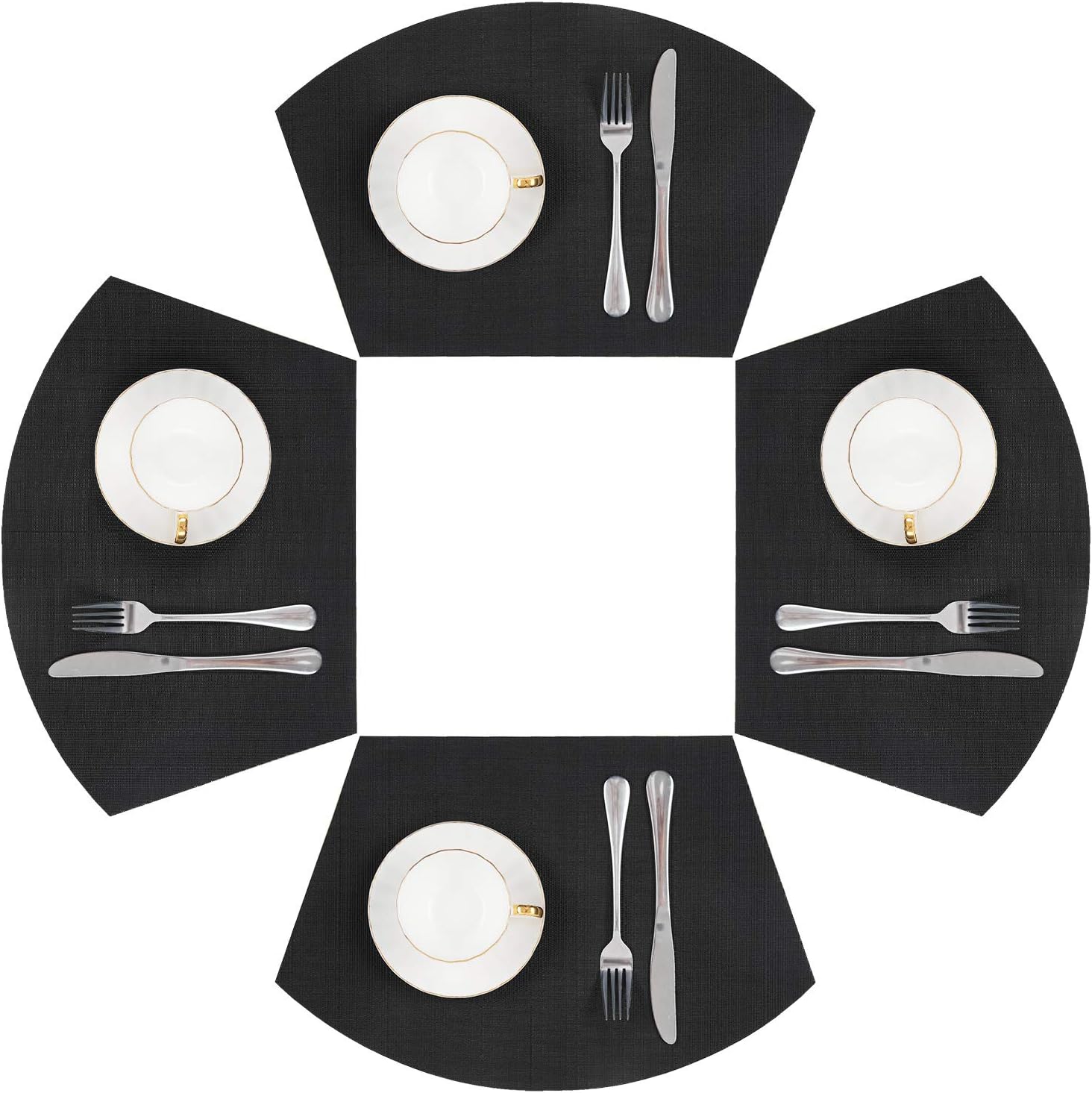 SHACOS Round Table Placemats Wedge Placemat Set of 4 Non Slip Heat Resistant Woven Vinyl Table Mats Wipe Clean Indoor Outdoor (4, Black)