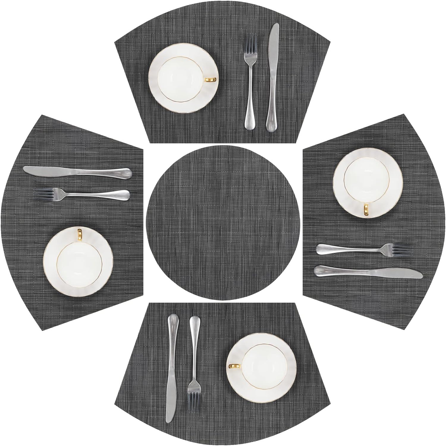 SHACOS Round Table Placemats Set of 5 Woven Vinyl Wedge Placemats with Centerpiece Round Table Mats Heat Resistant Wipe Clean (5, Black Gray)