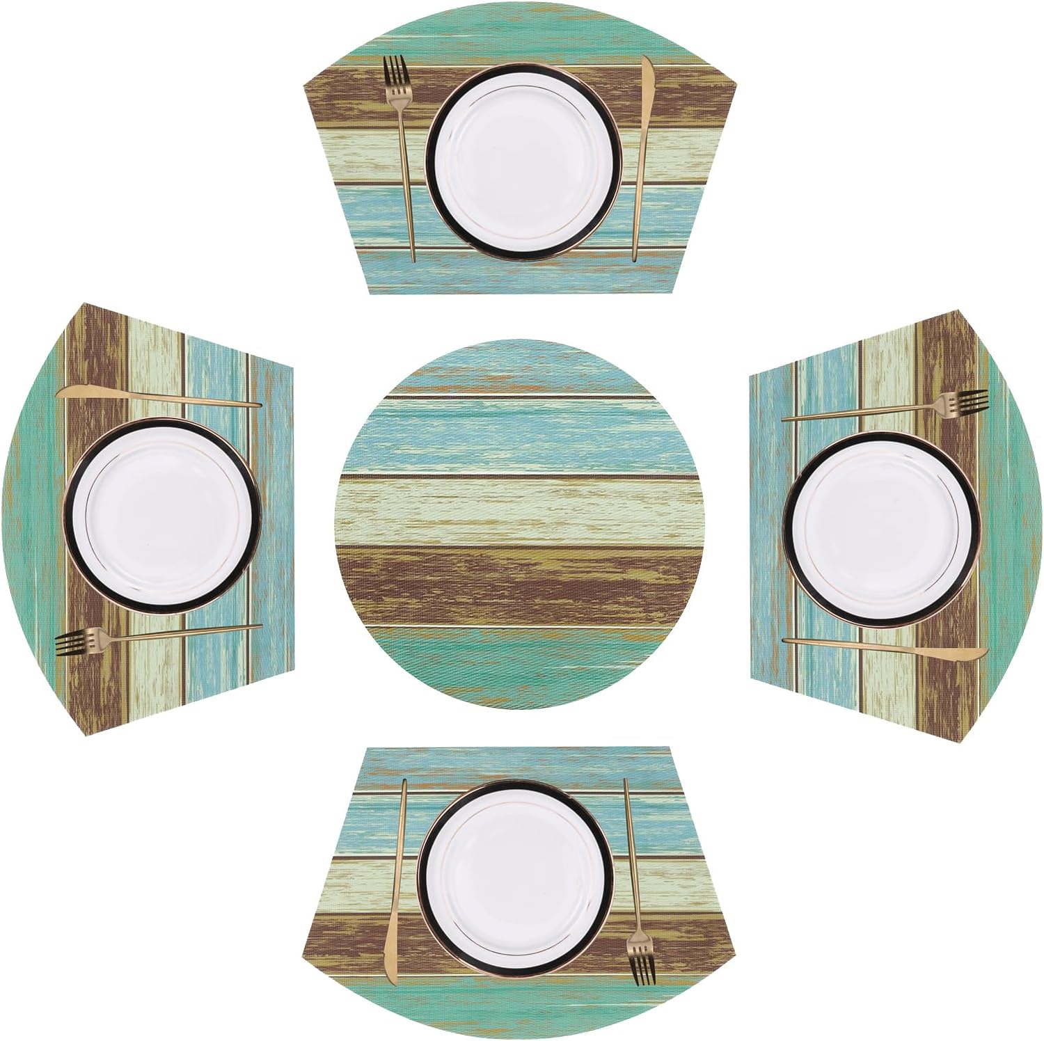 SHACOS Round Table Placemats Set of 5 Woven Vinyl Wedge Placemats with Centerpiece Round Table Mats Wipe Clean, Teal Brown Stripe Wood Board