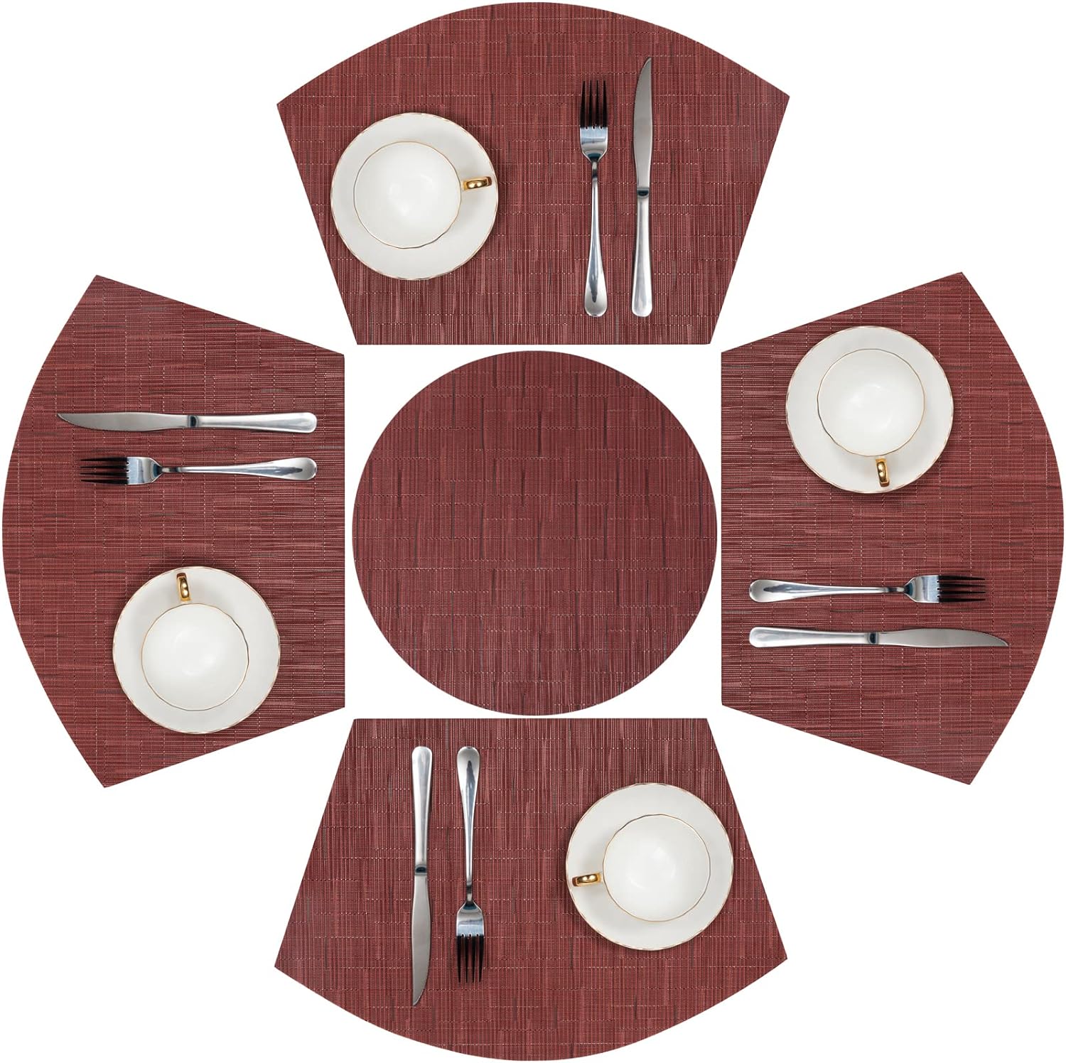 SHACOS Round Table Placemats Set of 5 Woven Vinyl Wedge Placemats with Centerpiece Round Table Mats Heat Resistant Wipe Clean (5, Burgundy Red)