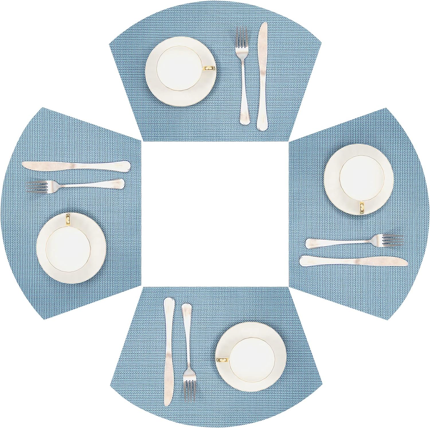 SHACOS Round Table Placemats Set of 4 Wedge Placemat Wipe Clean Heat Resistant Woven Vinyl Round Table Mats (4, Gray Blue)