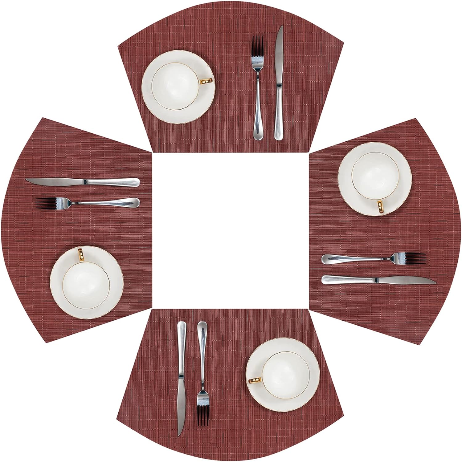 SHACOS Round Table Placemats Set of 4 Wedge Placemats Burgundy Red Heat Resistant Table Mats Wipe Clean (4, Burgundy Red)