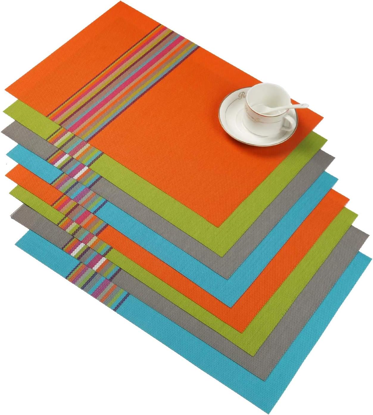 SHACOS Woven Vinyl Placemats Set of 8 Colorful Striped Place Mats Reversible Wipeable Durable PVC Heat Resistant Table Mats for Indoor Outdoor Dining Table (8, Multicolor)