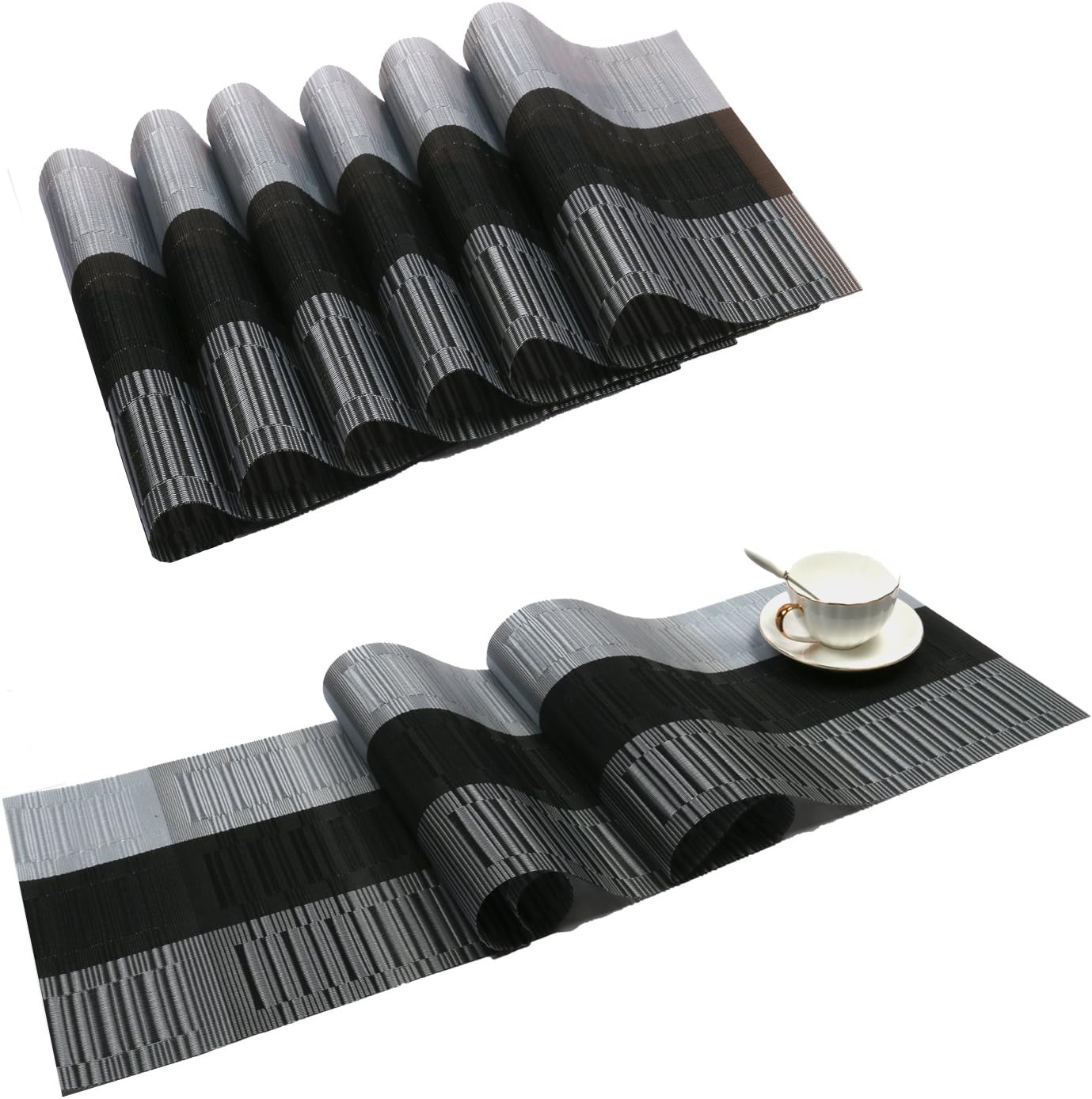 SHACOS Placemats with Table Runner Set of 7 Woven Vinyl Table Mats and Runner for Dining Table Heat Resistant, Ombre Black Gray