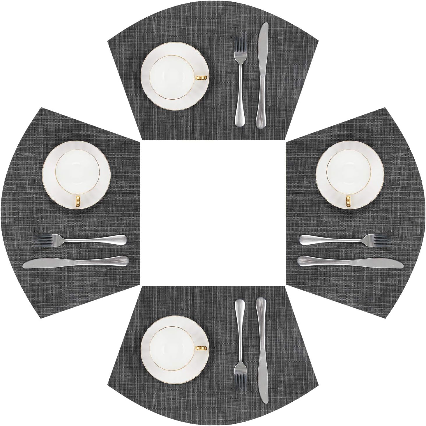 SHACOS Round Table Placemats Wedge Placemat Set of 4 Non Slip Heat Resistant Woven Vinyl Table Mats Wipe Clean Indoor Outdoor (4, Black Gray)