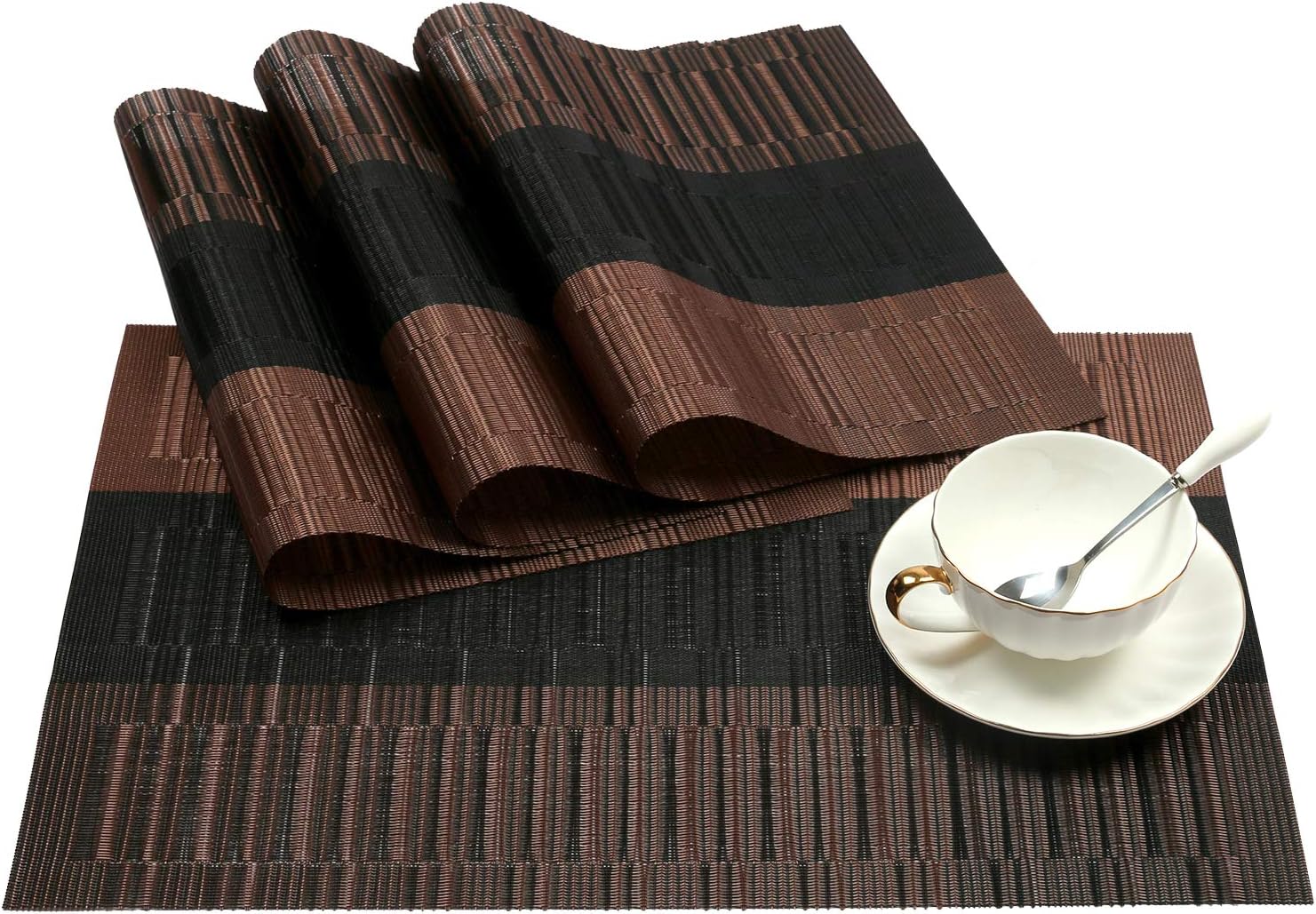 SHACOS Placemats Set of 4 Woven Vinyl Table Mats Place Mats for Dining Table Heat Resistant Wipe Clean (4, Ombre Coffee Black)