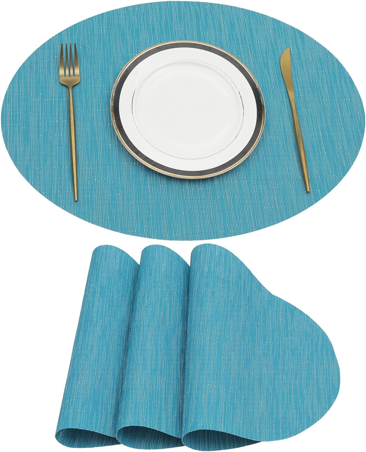 SHACOS Oval Placemats Set of 4 Indoor Outdoor PVC Vinyl Weave Place Mats 14x19 inch Large Wipeable Dining Table Placemats Heat Resistant Table Mats, Teal Blue