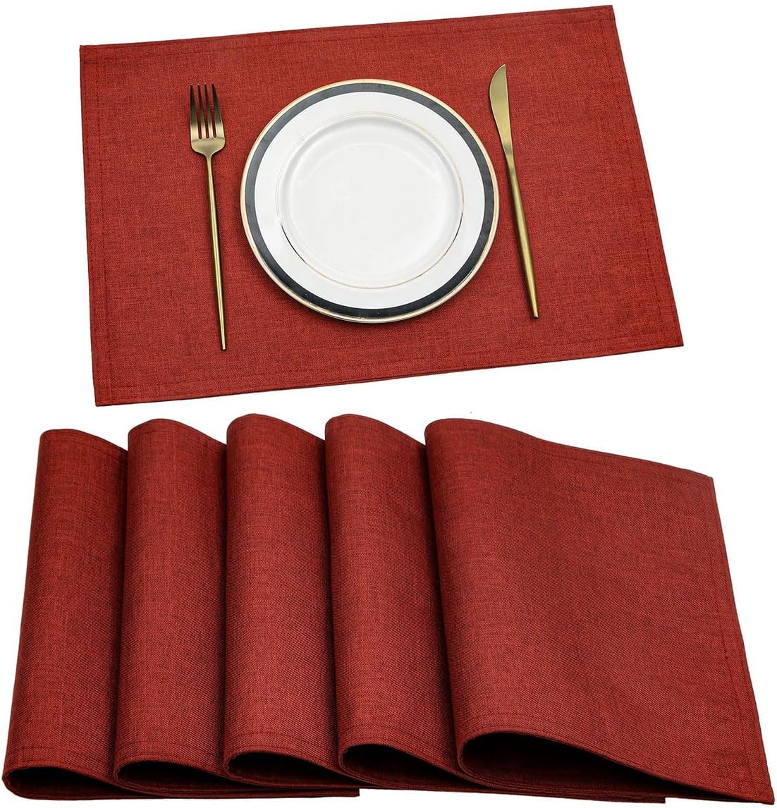 SHACOS Placemats Set of 6 Washable Thick Cloth Faux Linen Table Placemats Heat Resistant Table Mats Double Layer Water Absorbent Place Mats, Burgundy Red