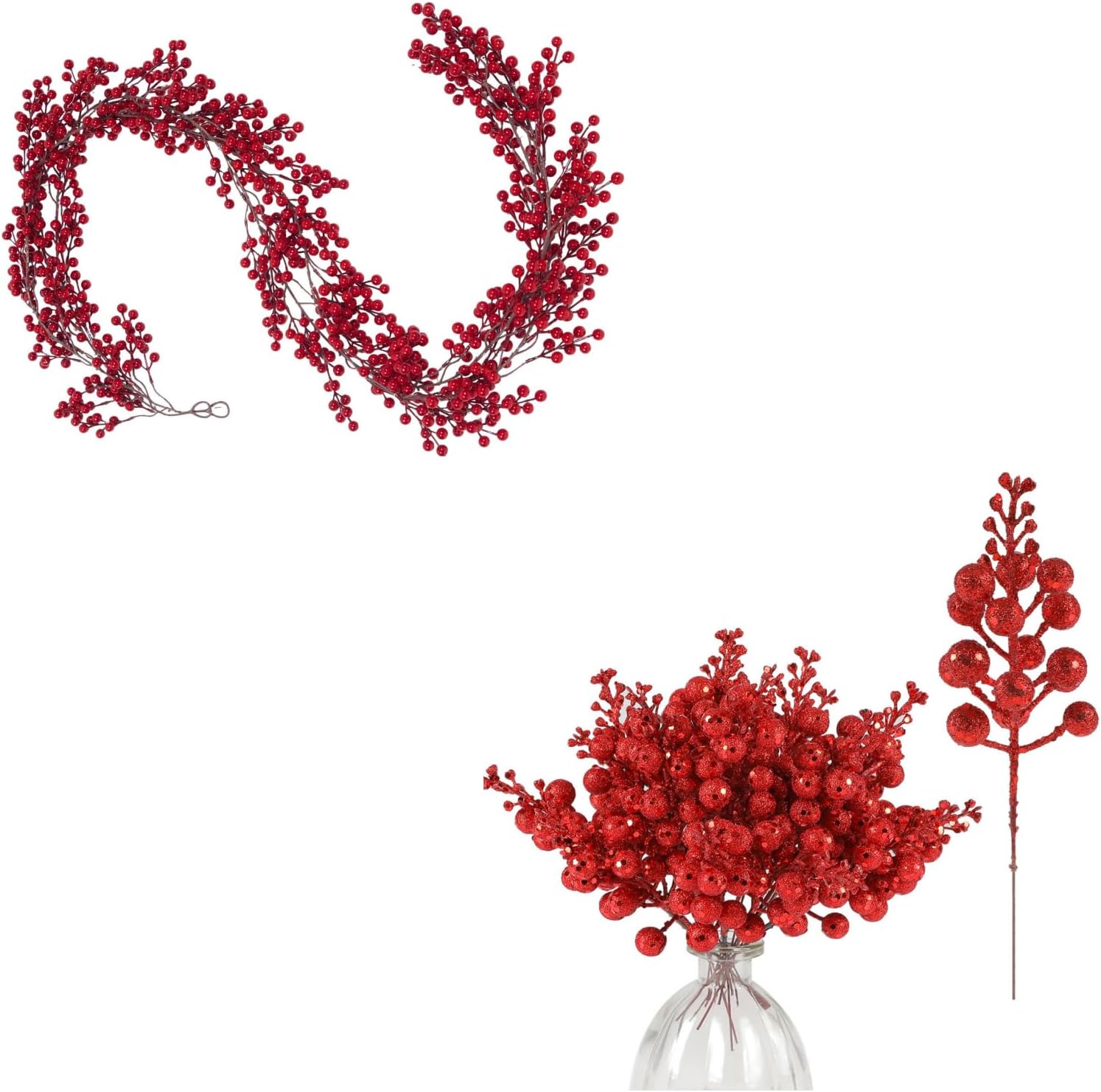 SHACOS Artificial Red Berry Garlands and Glitter Berry Picks for Christmas Tree