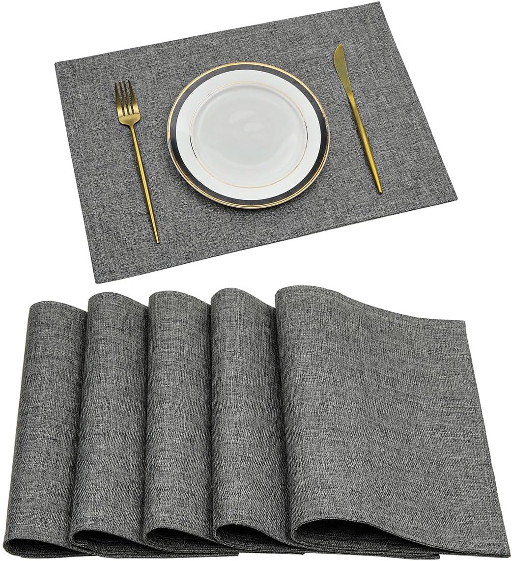 SHACOS Placemats Set of 6 Washable Heat Resistant Cloth Linen Like Table Mats Double Layer Kitchen Table Placemats Water Absorbent Place Mats, Grey