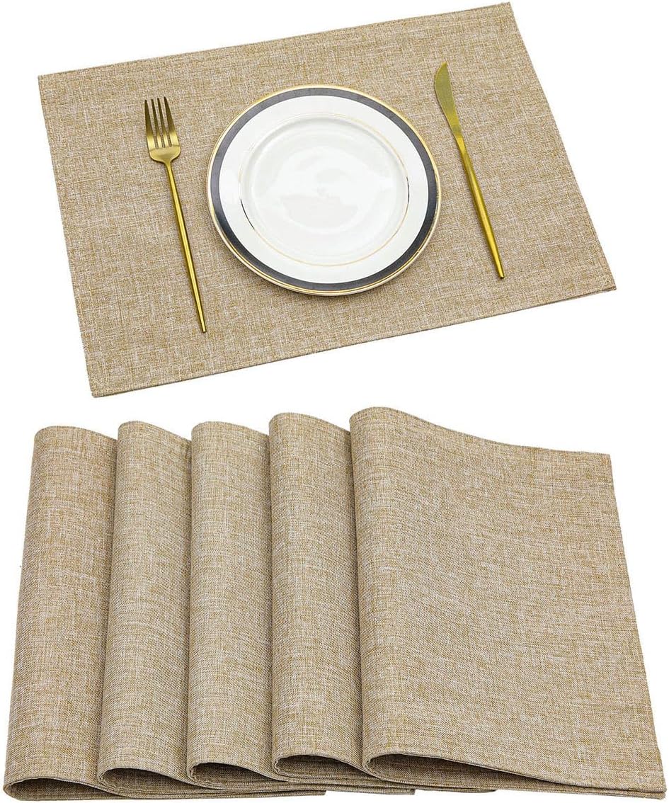 SHACOS Placemats Set of 6 Washable Thick Faux Linen Table Placemats Heat Resistant Cloth Table Mats Double Layer Water Absorbent Place Mats, Beige