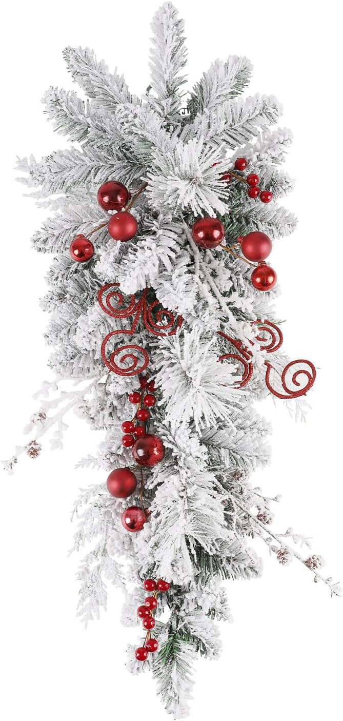 SHACOS 30 Christmas Teardrop Swag for Front Door Artificial Snowy Spruce Christmas Door Swag Flocked Cedar with Red Berries Christmas Balls Stems Small Pine Cones for Window Wall Stairs Xmas Decor