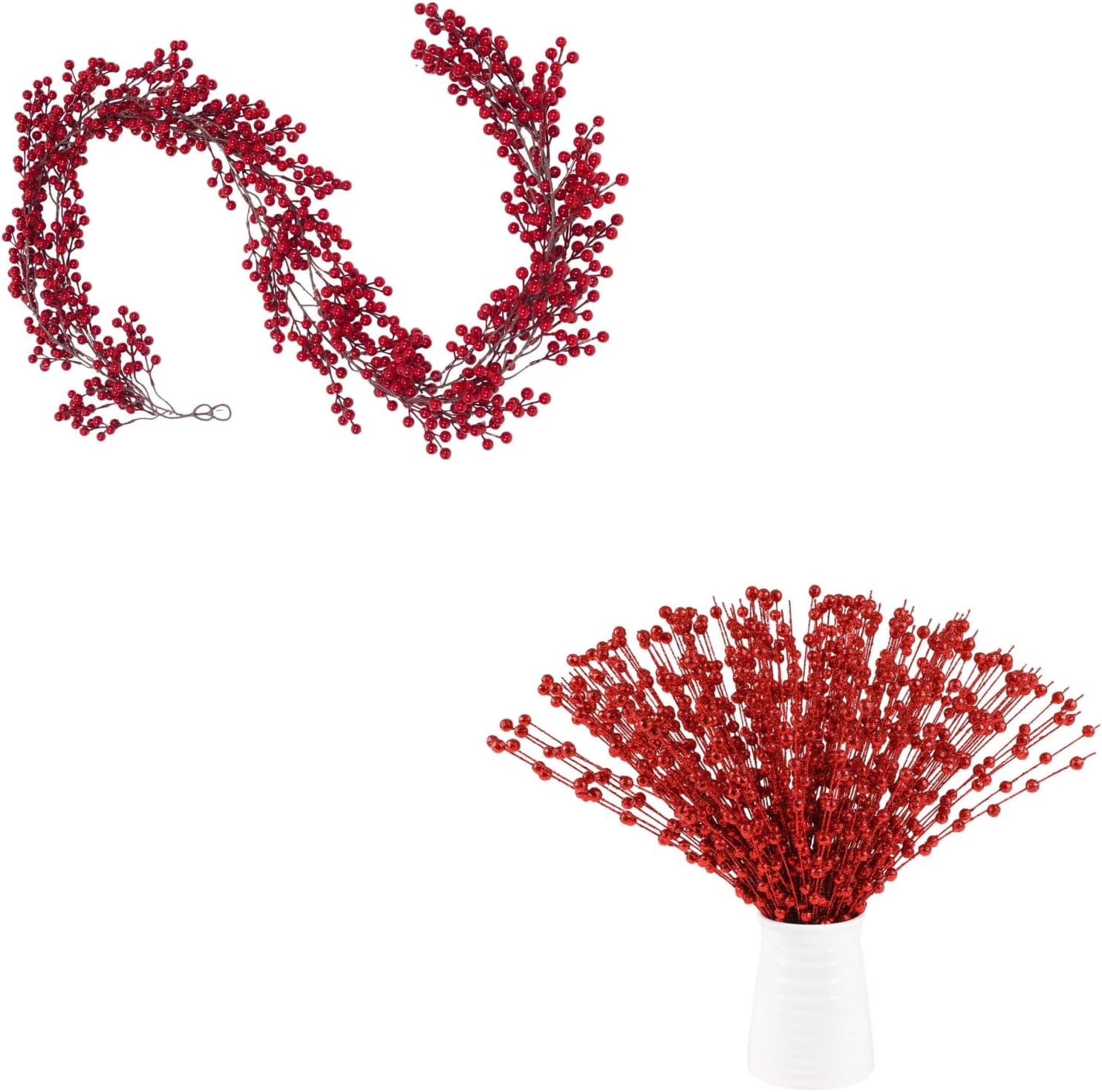 SHACOS Artificial Red Berry Garlands and Glitter Stems