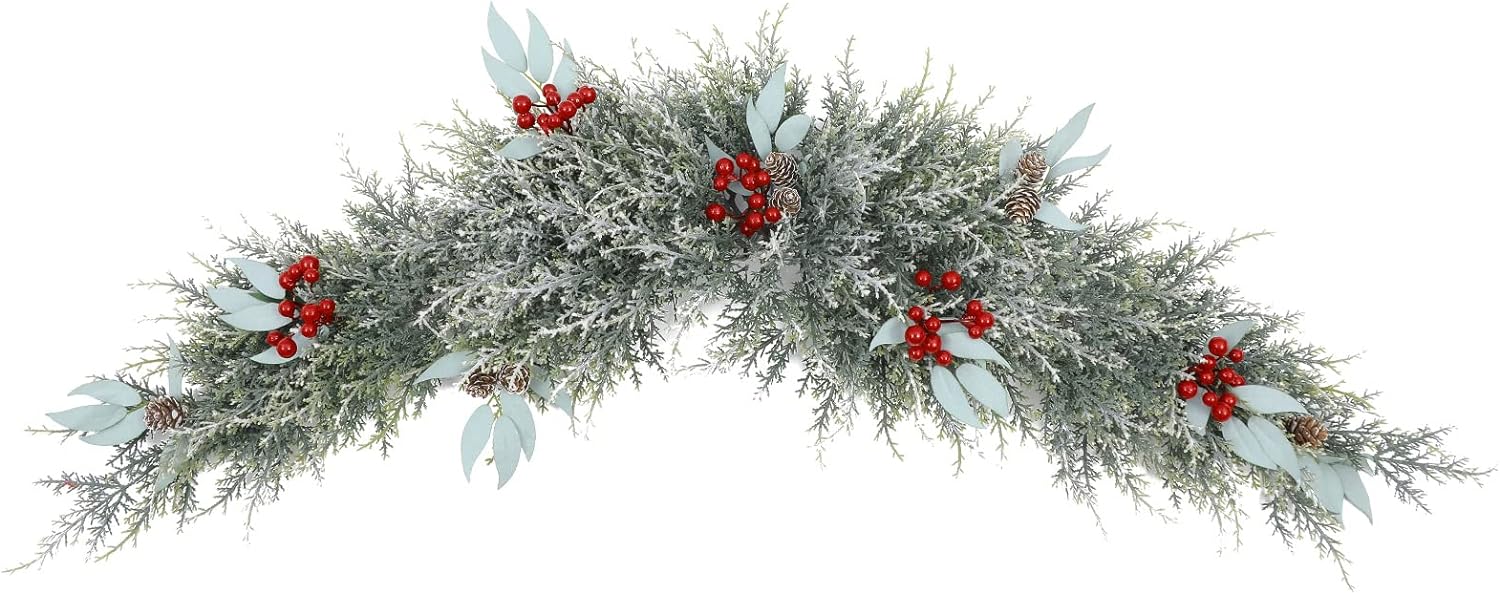 SHACOS 43 Artificial Snowy Christmas Swags Cedar Branch with Pine Cones, Leaves, Berries Christmas Mailbox Swag Door Swag Windows Wall Mantel Table Holiday Decor Indoor Outdoor