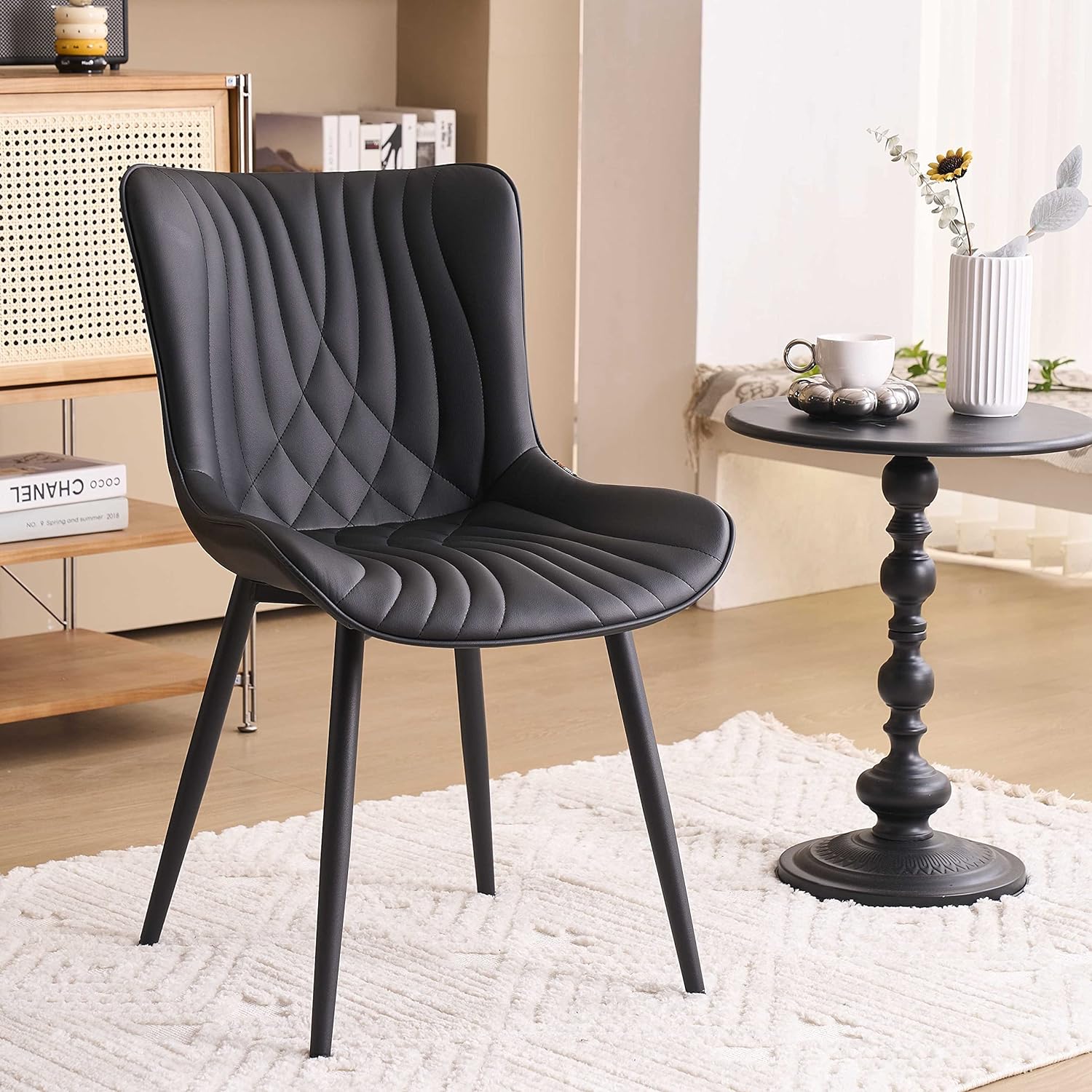 YOUTASTE Black Dining Chairs Set of 2 Upholstered Mid Century Modern Kitchen Dining Room Chairs Armless Faux Leather Accent Chairs Metal Vanity Lounge Chair with Back for Living Room Bedrooms