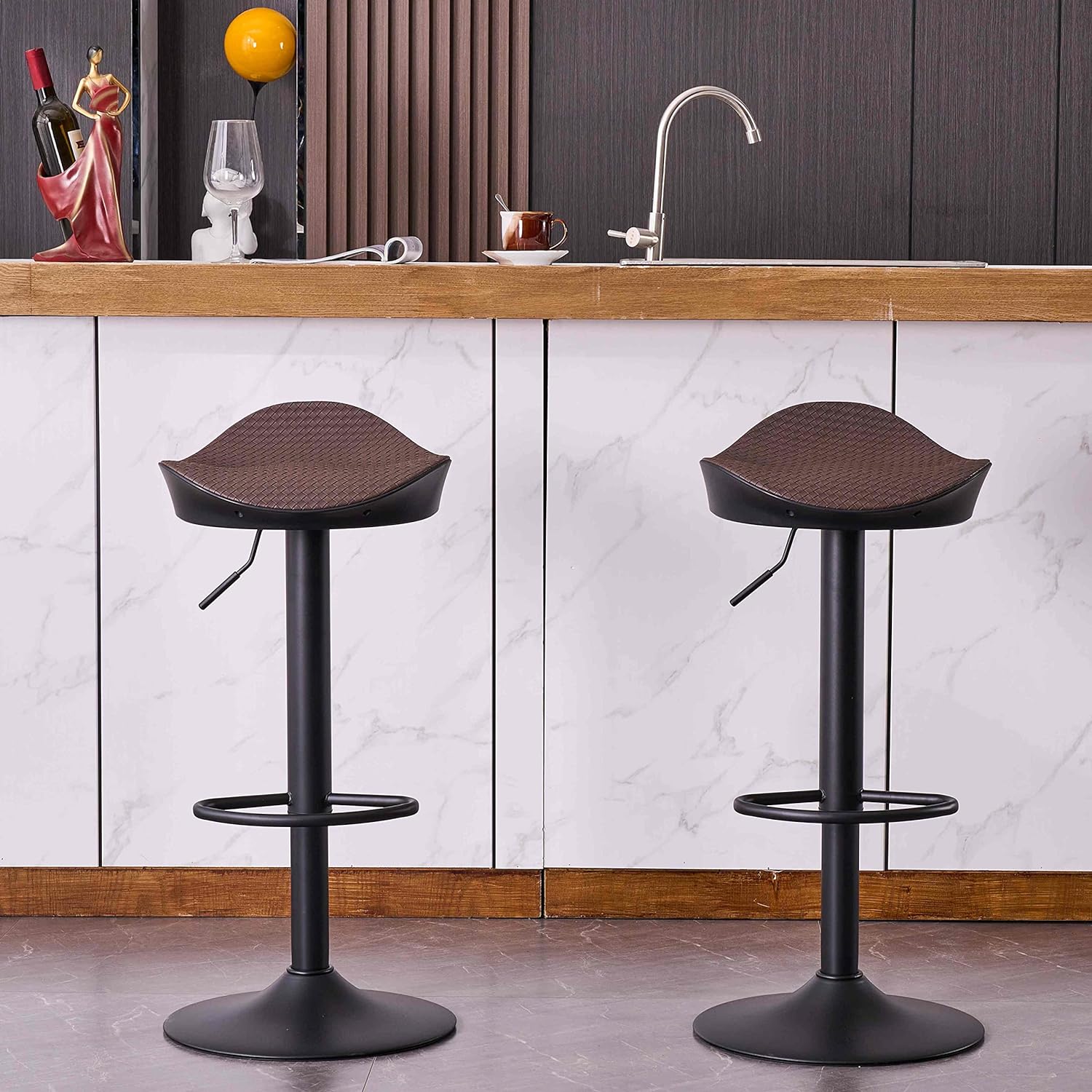 YOUTASTE Brown Bar Stools Set of 2 Backless Counter Height Barstools Adjustable Modern Swivel Saddle Seat Braided Bar Chairs for Home Kitchen Island