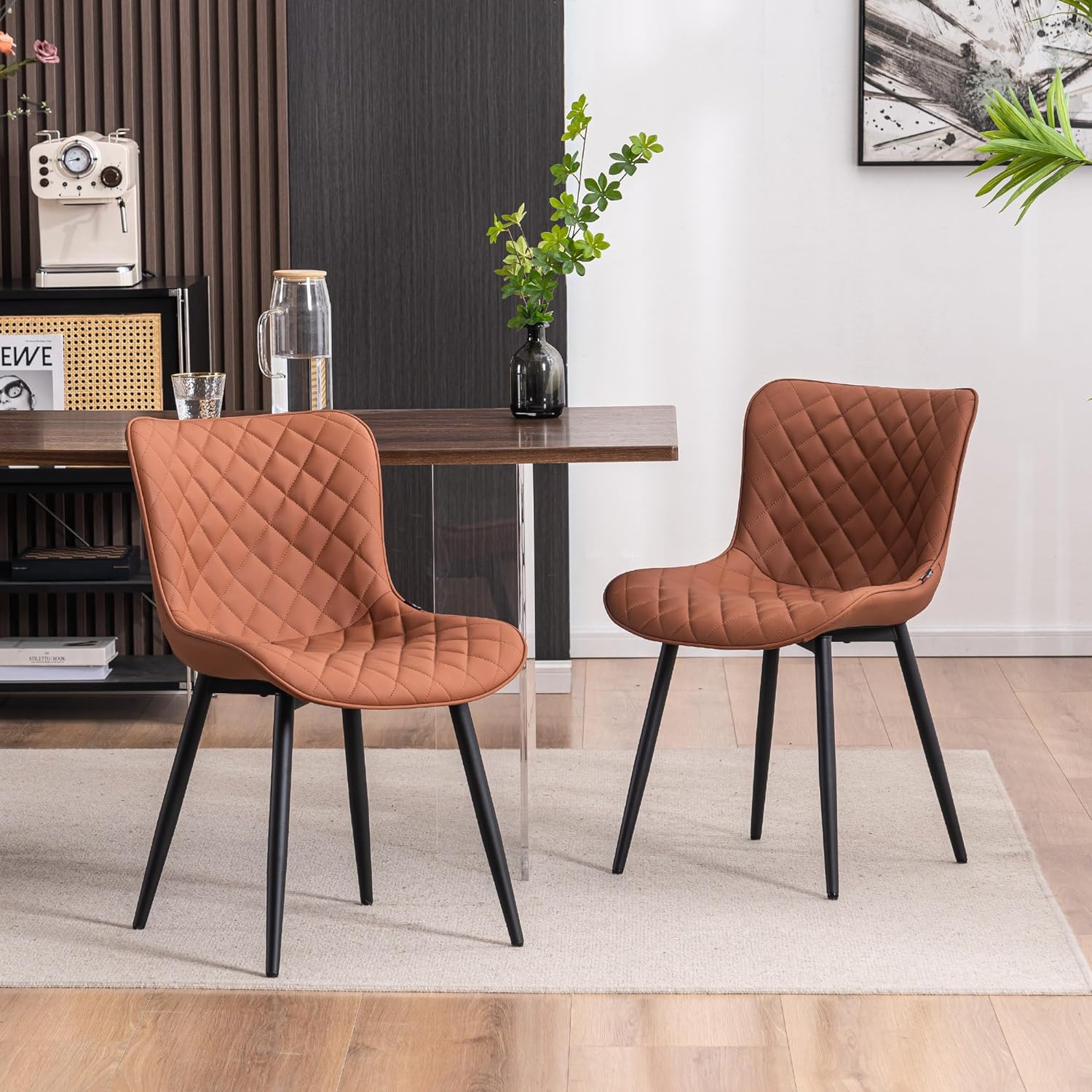 YOUTASTE Coffee Brown Dining Chairs Set of 2 Mid Century Modern PU Leather Diamond Upholstered Accent Guest Dinner Chair with Back Metal Legs for Kitchen Living Reception Waiting Room