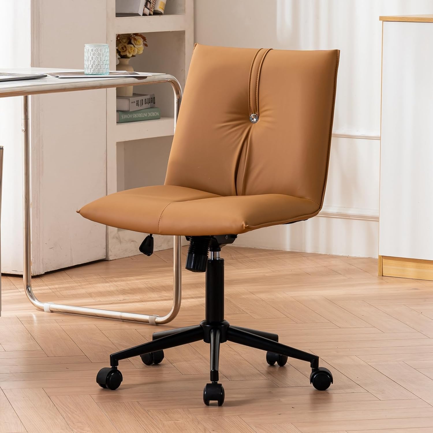 YOUTASTE Office Desk Chair with High Back,Rocking Ergonomic Height Adjustable Home Reading Chair,Modern Swivel Desk Chairs with Wheels,Armless Office Reception Chair,BrownYellow